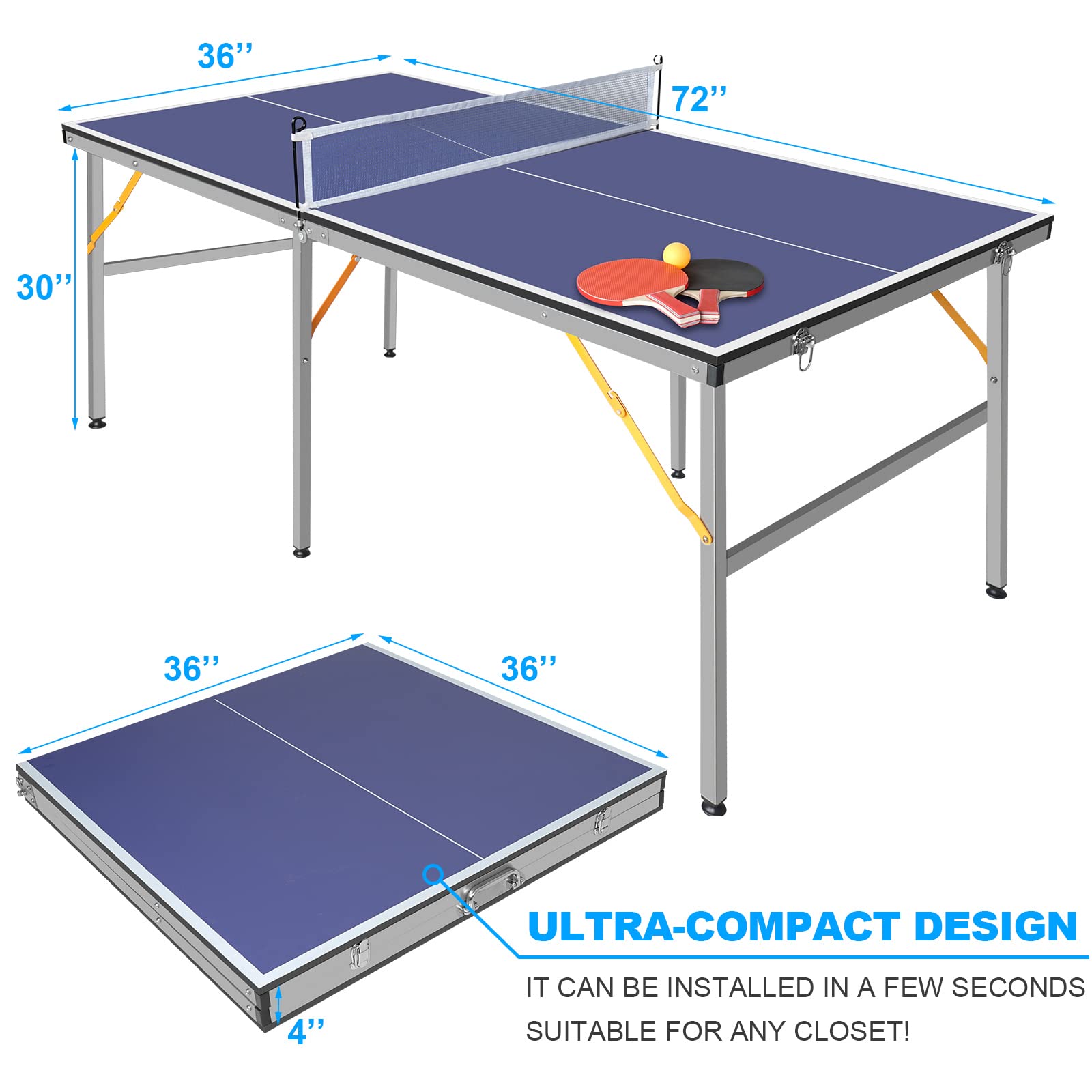 6X3ft Portable Ping Pong Table Set - Foldable Mid-Size Table Tennis for Indoor & Outdoor Use with Net, 2 Paddles & 3 Balls - Perfect for Family Fun, Backyard Parties & Recreational Sports