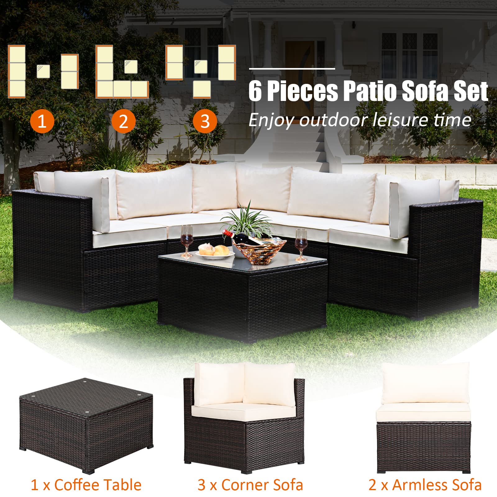 Tangkula 6-Piece Outdoor Patio Furniture Set - All-Weather Rattan Wicker Sectional Sofa with Tempered Glass Coffee Table & Cushions - Perfect for Backyard, Garden, Balcony, Poolside (Beige) | Ideal for Outdoor Entertaining, Relaxation & Lounging