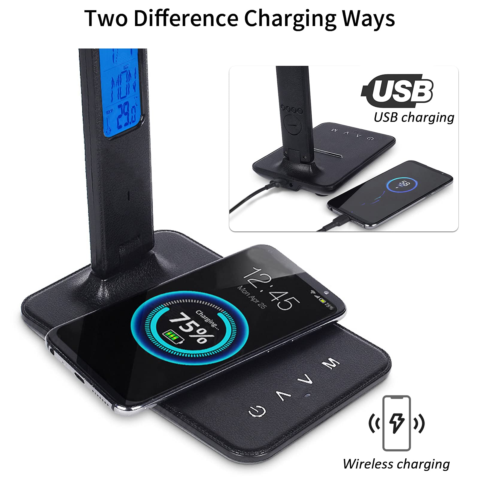 10W Wireless Charging LED Desk Lamp with USB Port & Touch Control - 3 Color Modes, 5 Brightness Levels, Built-in Clock & Temperature Display - Perfect for Home Office, Study, School & Night Reading (Black)