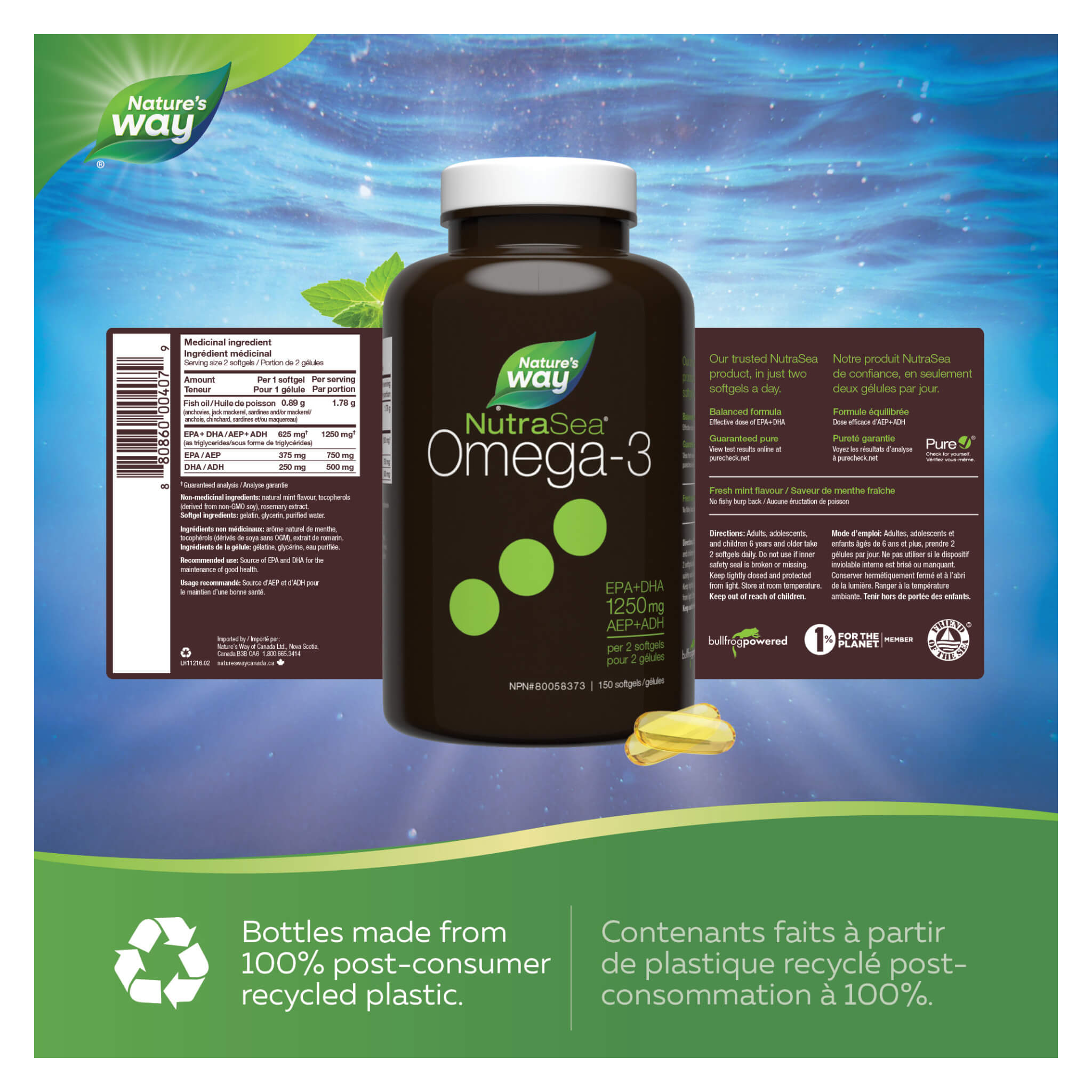 NutraSea Omega-3 Liquid Gels with Fresh Mint Flavor - High Potency Fish Oil Supplement for Heart, Brain & Joint Health - Supports Cognitive Function & Cardiovascular Wellness - Perfect for Daily Use at Home, Work or Travel