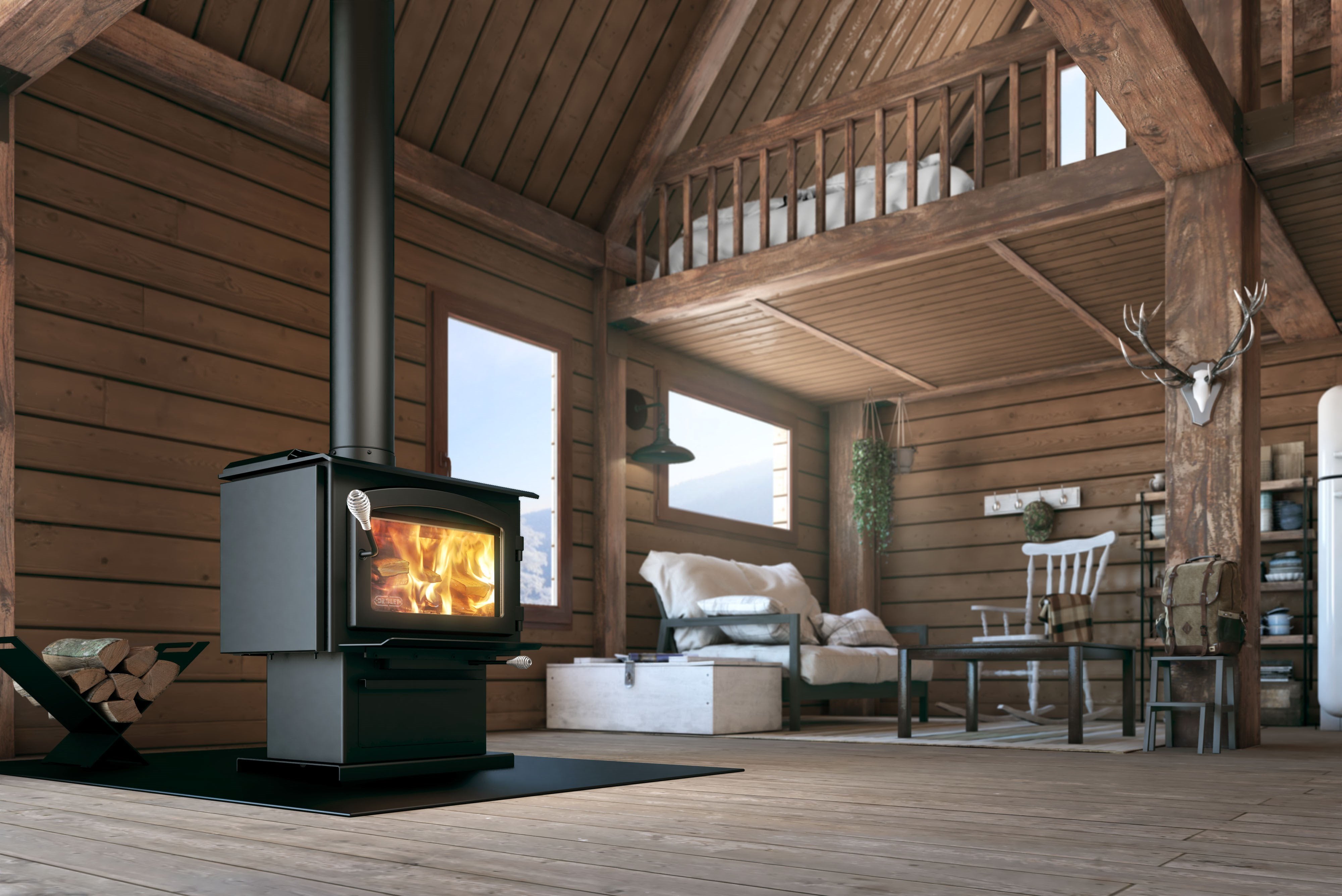 Drolet Escape 1500 EPA Certified Wood Stove - 1,800 Sq. Ft Heating Capacity with Pedestal Stand - Efficient Home Heating for Cabins, Living Rooms & Outdoor Spaces
