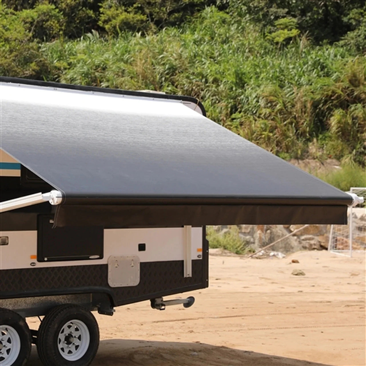 Aleko 8x8 Feet Motorized Retractable RV Awning - White/Black Fade - Perfect for Camping, Outdoor Relaxation & RV Shade Protection