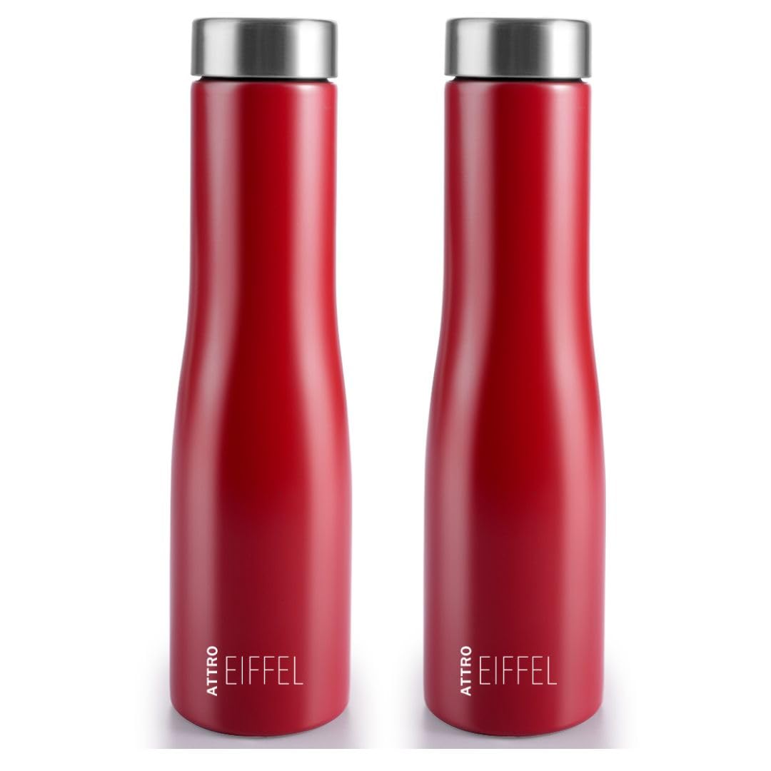 ATTRO Eiffel 1000ml Stainless Steel Water Bottle - BPA-Free, Leak Proof, Single Wall Design for School, Office, Gym & Outdoor Activities - Set of 2 Red Insulated Bottles for Hot & Cold Drinks