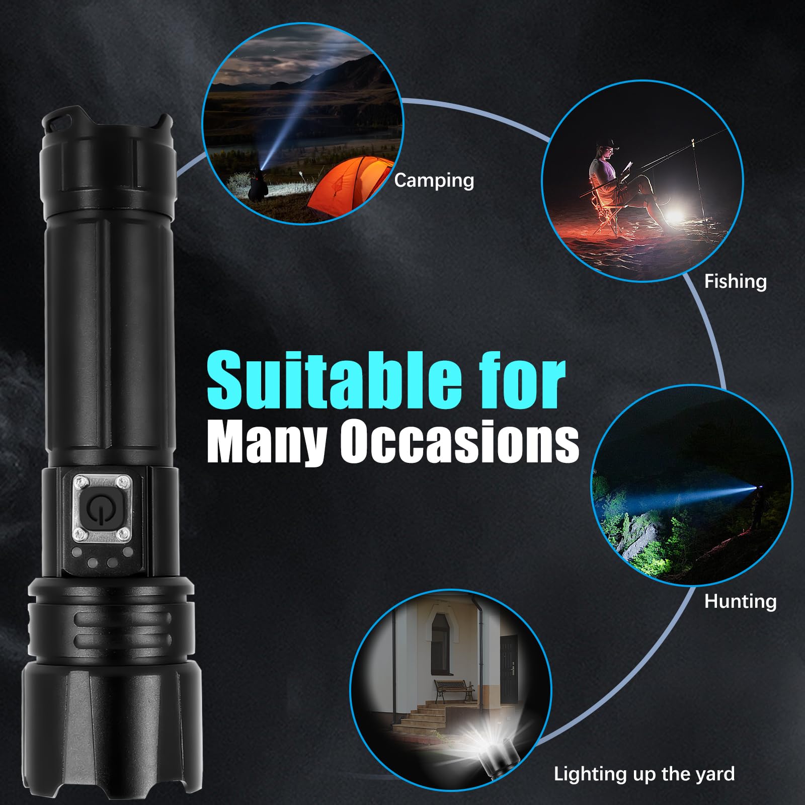JNGKE 15000 Lumens Rechargeable LED Flashlight - Super Bright Tactical Flashlight with 5 Modes & Zoomable Beam - Waterproof Handheld Light for Camping, Hiking, Emergency, Dog Walking, Power Outages & Outdoor Adventures