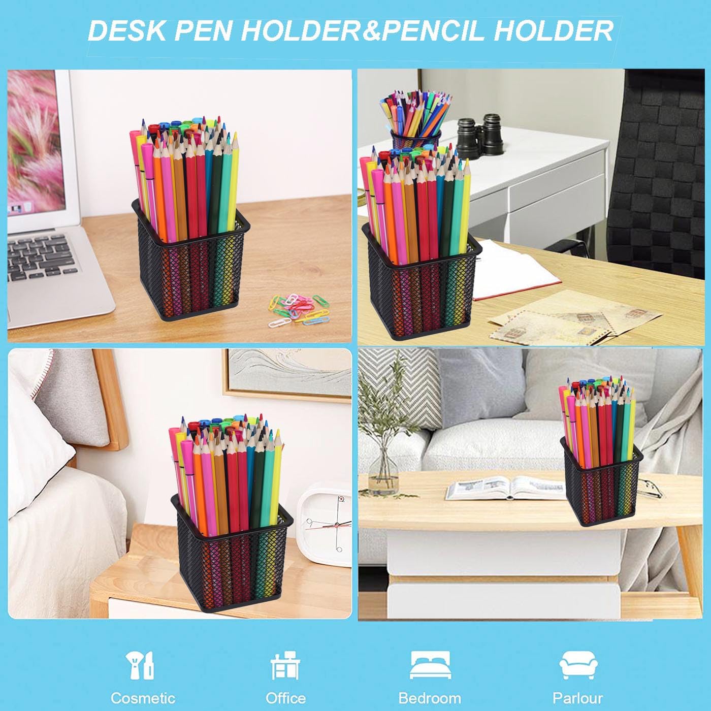 Metal Pen Holder Cup - 4 Pack Black Square Desk Organizer for Pens & Pencils | Office, Home, School & Workspace Stationery Storage Solution