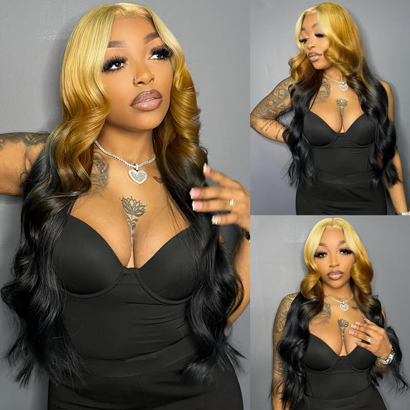 Eullair Ombre Blonde Ginger Black Body Wave 13x4 Lace Frontal Human Hair Wig - Transparent HD Lace for Black Women | Natural Look for Daily Wear, Parties & Special Occasions
