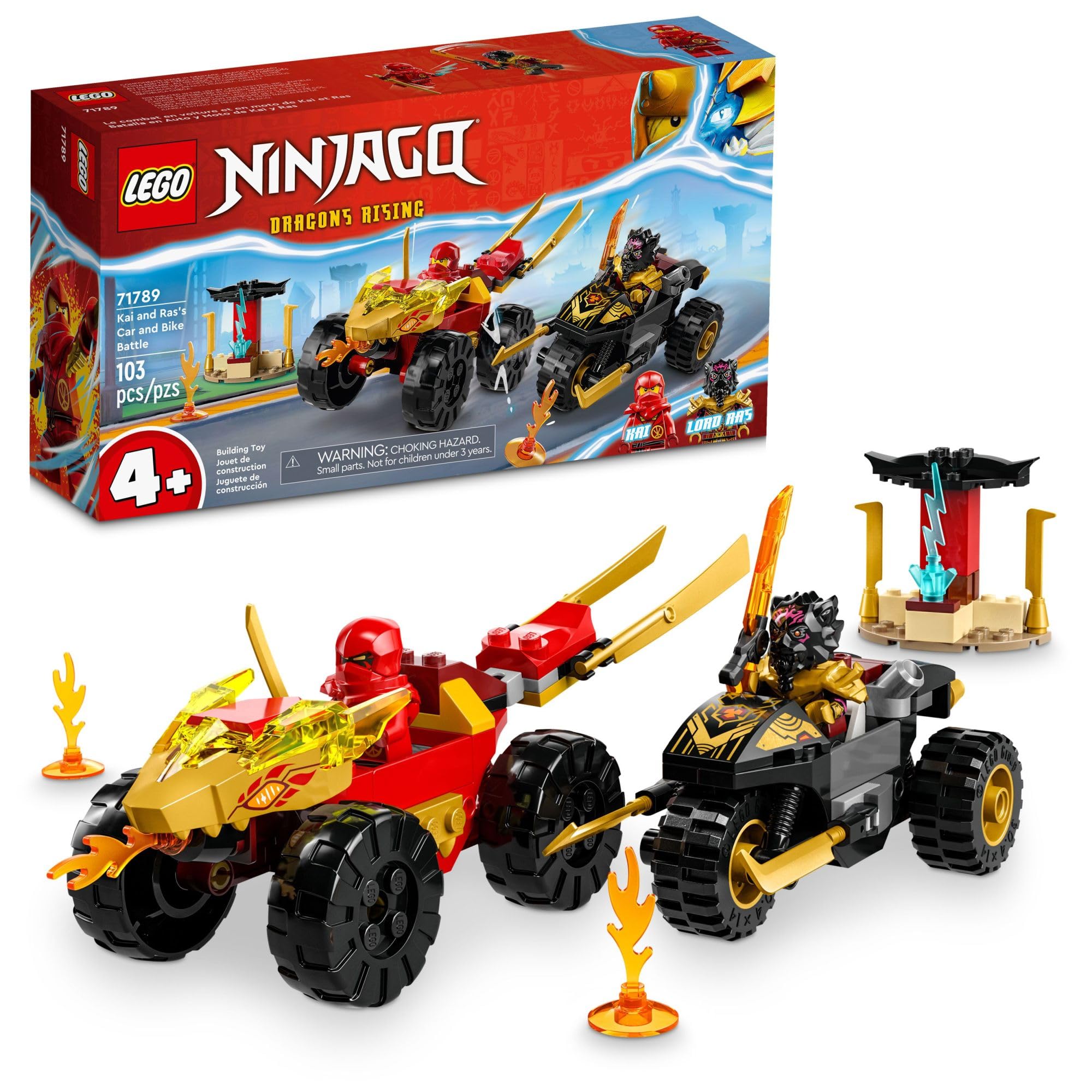 LEGO NINJAGO Kai and Ras' Car and Bike Battle 71789 Building Toy Set with Ninja Car, Motorcycle & 2 Minifigures - Perfect Birthday Gift for Kids, Toddlers & Ninja Fans - Great for Imaginative Play, Action Scenes & Collectible Displays
