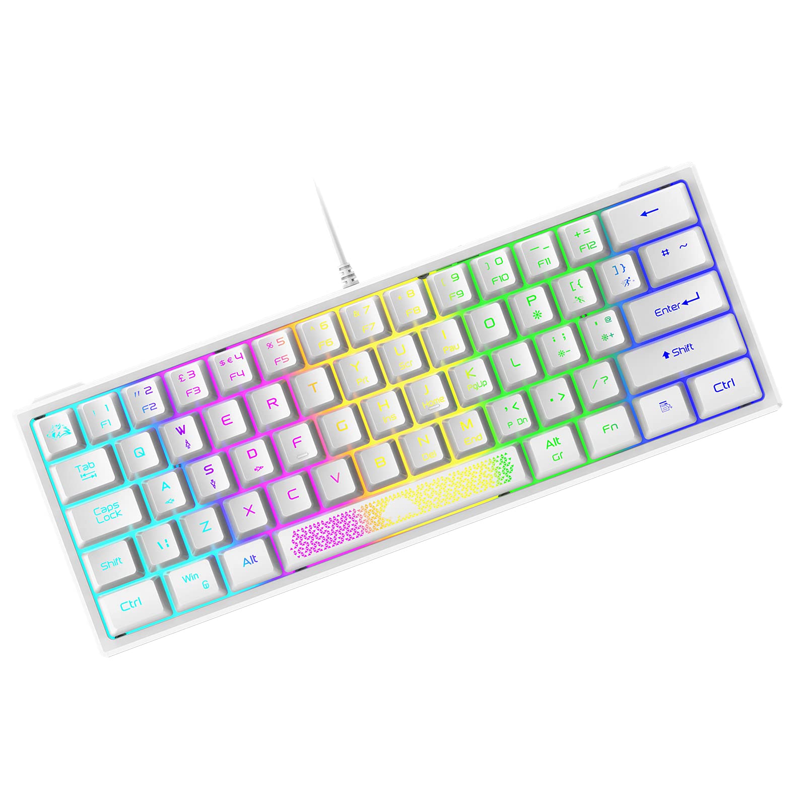 K61 60% Compact Mechanical Feel Gaming Keyboard - RGB Rainbow Backlit, 62-Key Ergonomic Design, 19-Key Anti-Ghosting, Waterproof USB Wired for PC/Mac/Windows - Perfect for Gamers, Typists & Office Work (White)