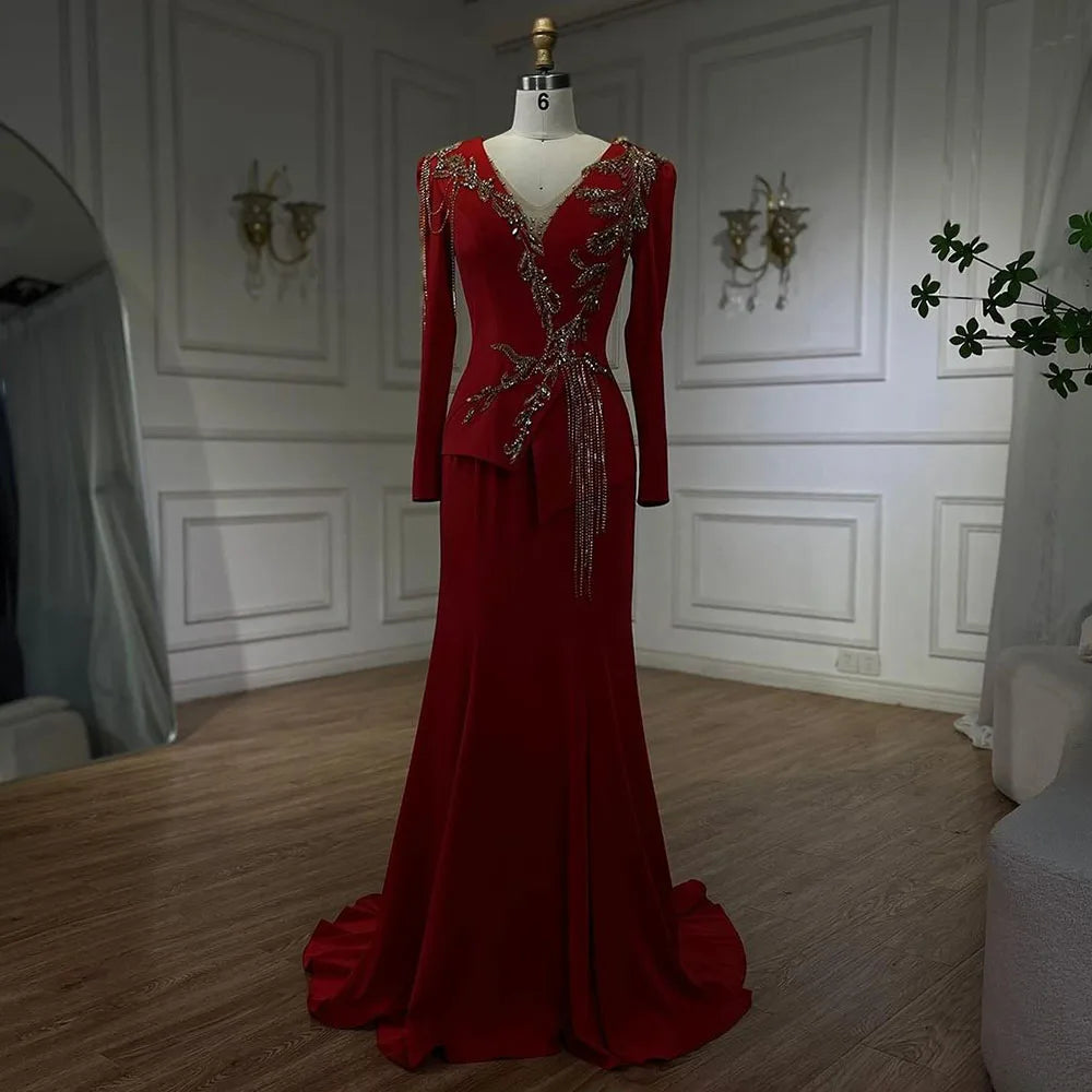 Elegant Arabic Red Mermaid Dresses for Women - Beaded Luxury Evening Gown with Tassel Details | Dubai Style Wedding Party Dress LA72558 | Perfect for Formal Events, Red Carpet & Special Occasions