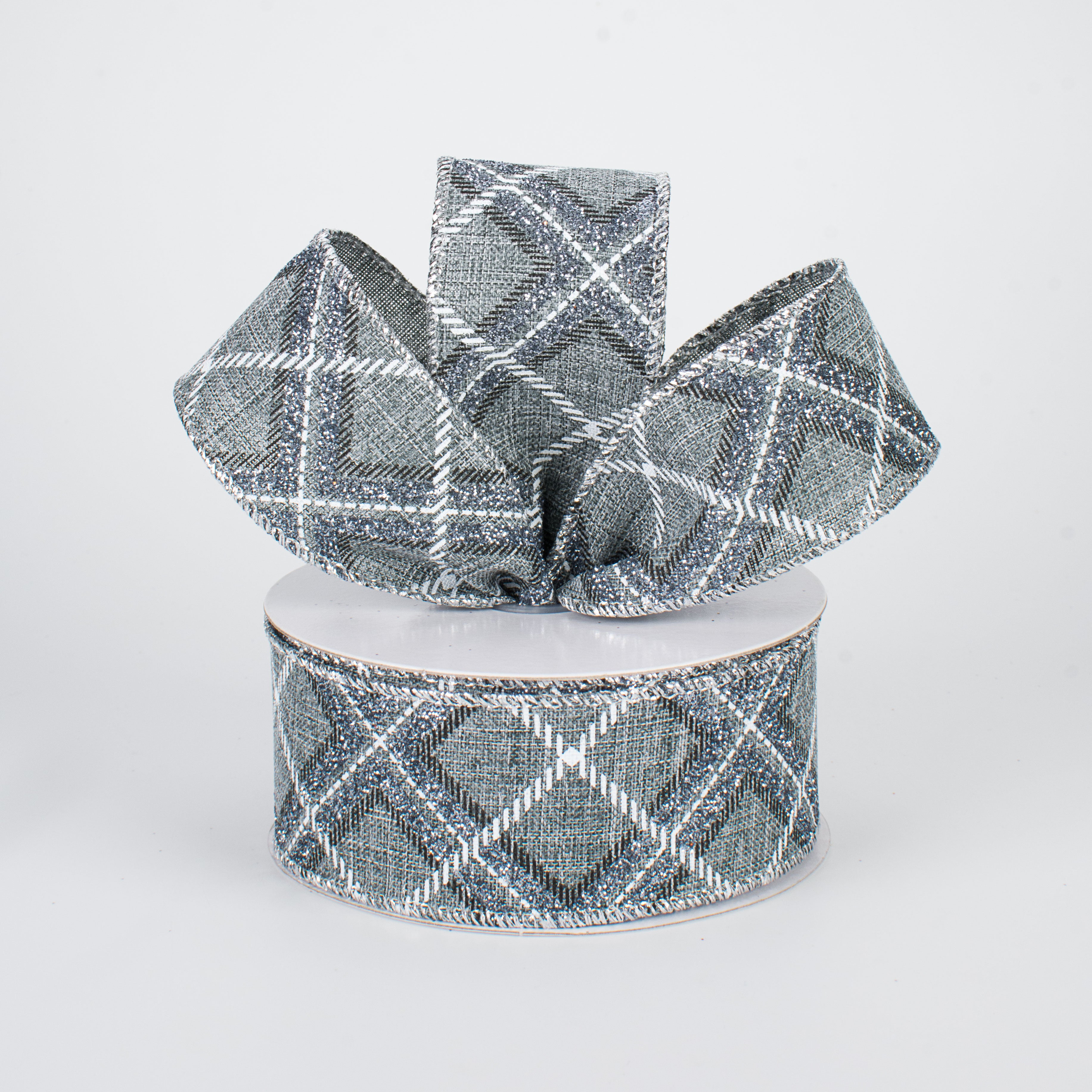 1.5 Inch Glitter Printed Plaid Ribbon - Silver & White Christmas Decor (10 Yards) for Gift Wrapping, Tree Trimming, DIY Crafts & Holiday Party Decorations