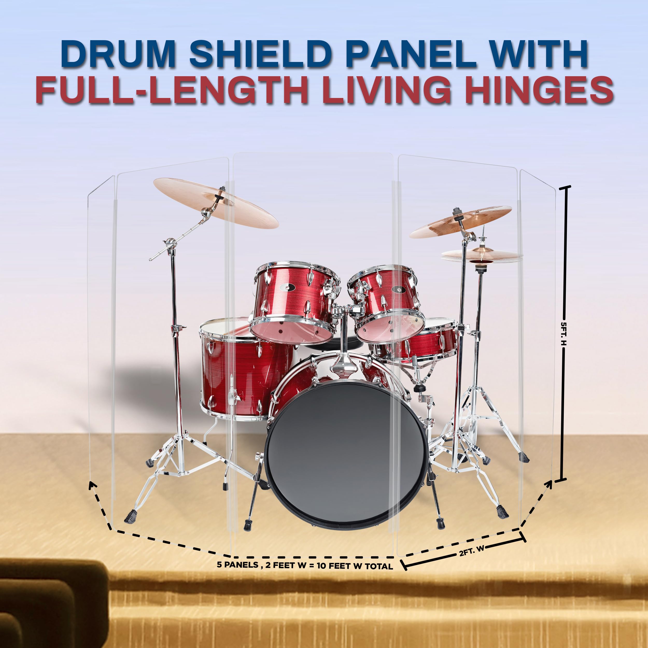 5ft Drum Shield with Plastic Hinges - 5 Premium Clear Acrylic Drum Panels & Screens - Sound Isolation for Drum Practice, Recording Studios & Live Performances