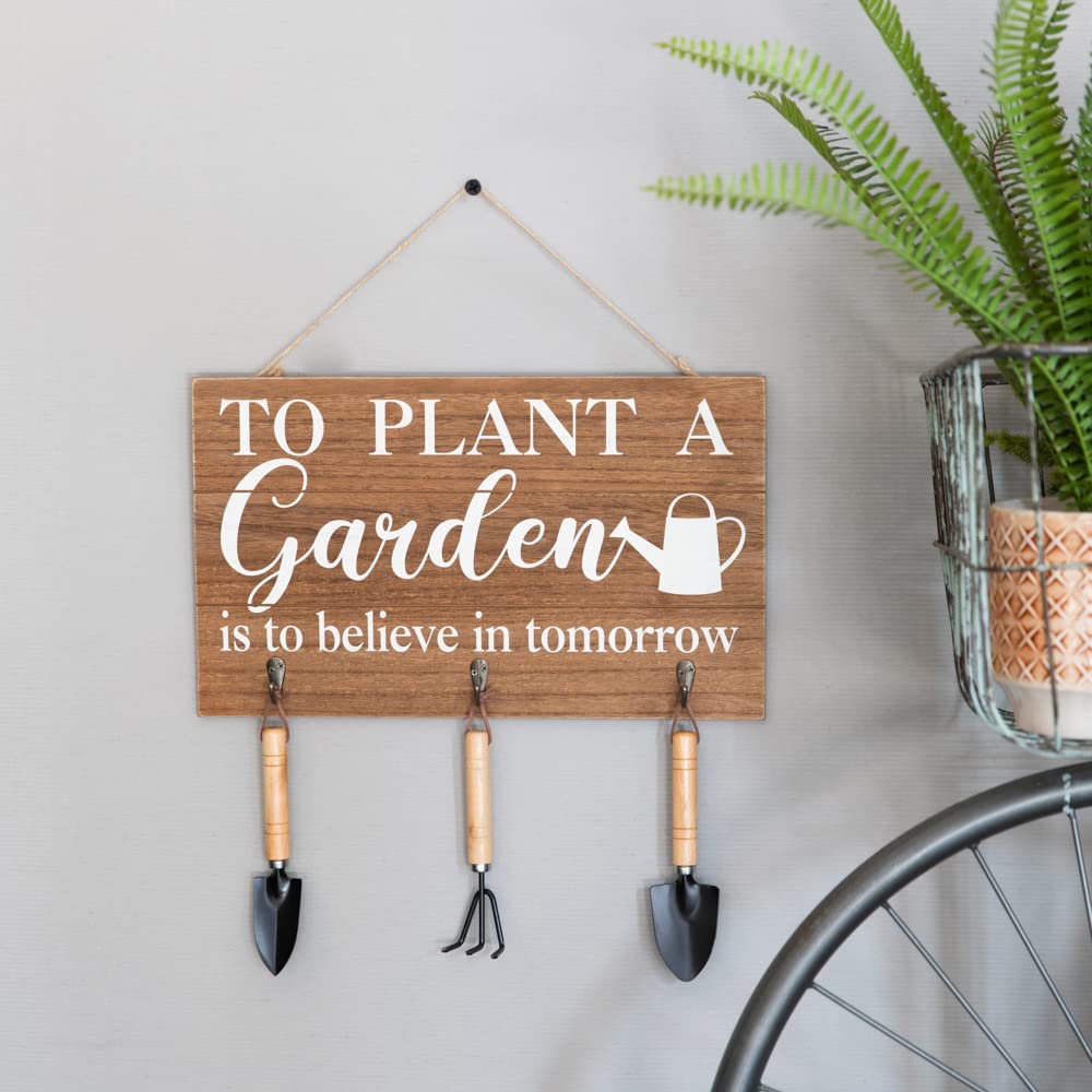 COLLECTIVE HOME - 3-Piece Garden Decor Set with Wood Hanging Signs & Tools, Outdoor Wall Art with Hooks (15.75
