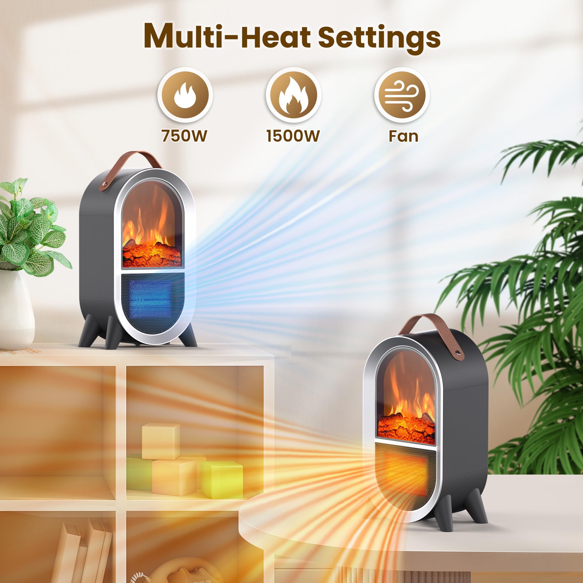 1500W/750W Portable Electric Space Heater with 3D Flame - Ceramic Indoor Heater with Thermostat, Overheat & Tip-Over Protection - Perfect for Home, Office, Bedroom, or Desk Use - Black