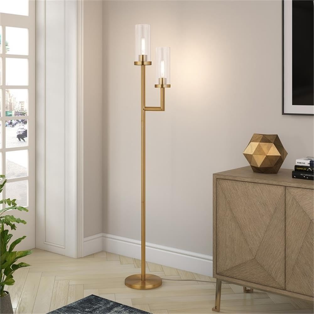 Henn&Hart 11 Inch Brass Floor Lamp with Glass Shade - Modern Lighting for Living Room, Bedroom, or Office Decor