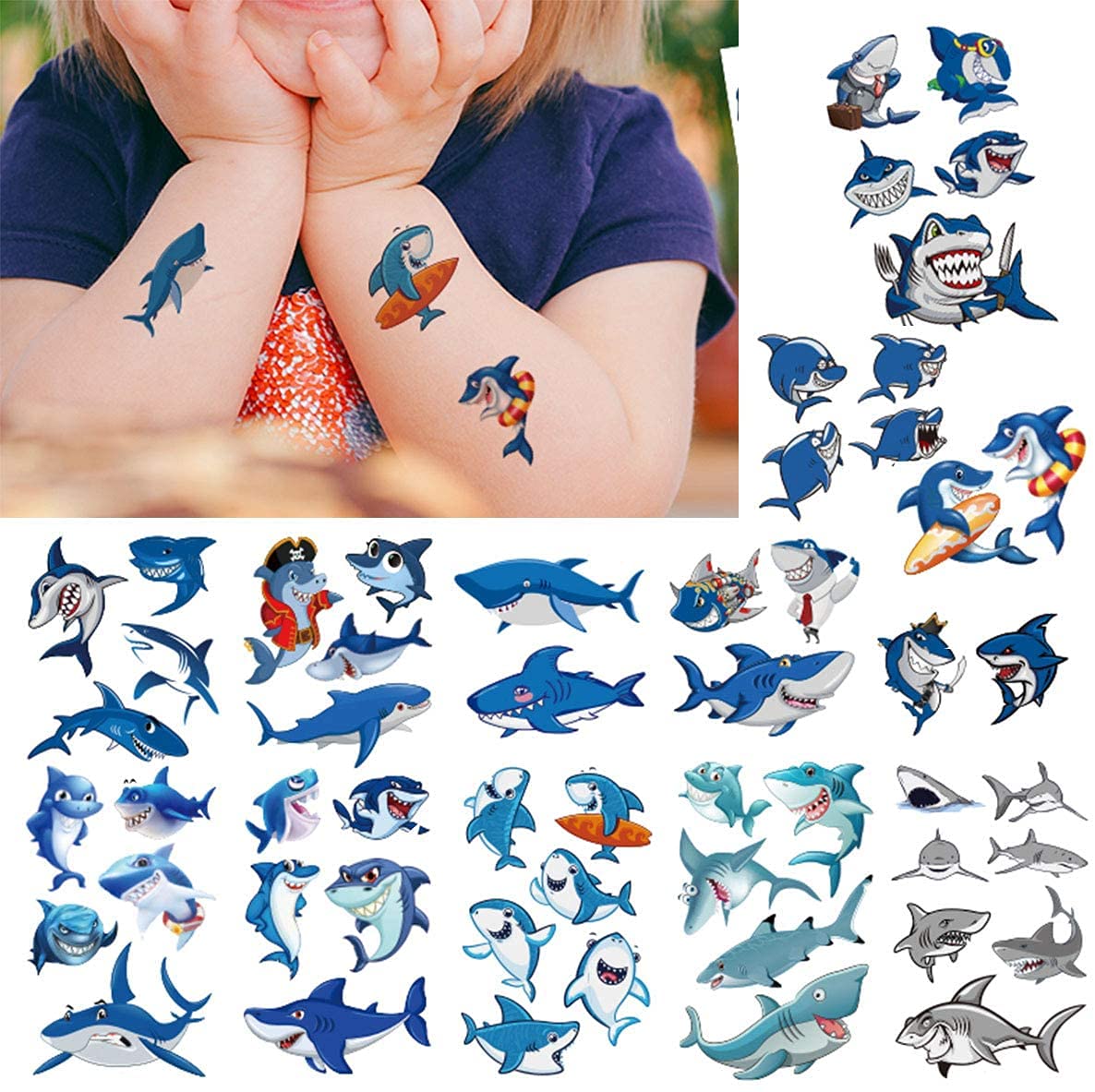 Baby Shark Temporary Tattoos for Kids - 10 Fun Stickers for Birthday Parties & Themed Events - Perfect for Baby Shark Decorations, Costume Accessories & Kids' Party Favors