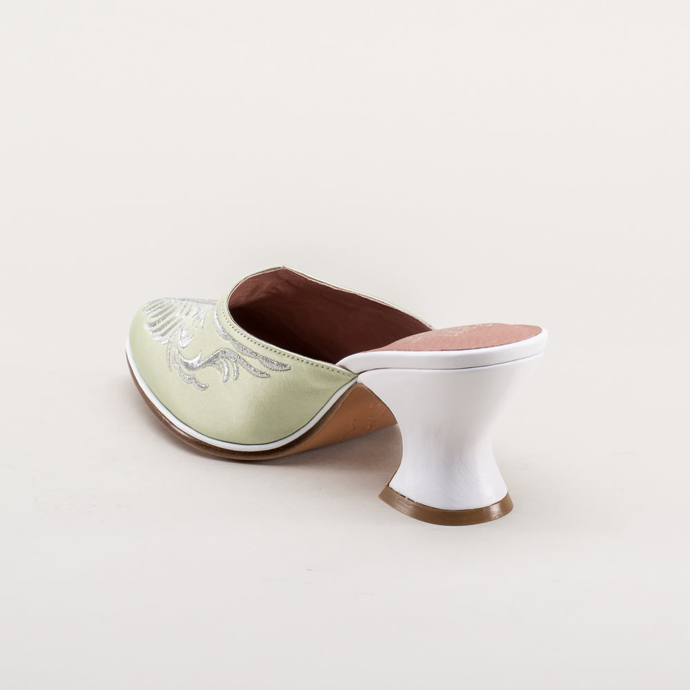 Antoinette 18th Century Style Green Mules - Vintage Inspired Women's Shoes for Historical Reenactment, Cosplay & Themed Events