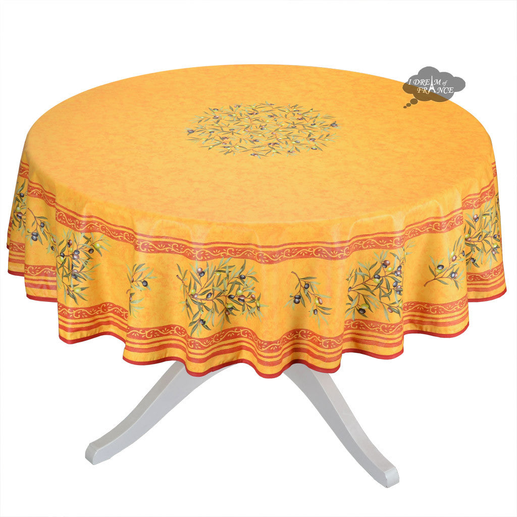 70 Round Clos des Oliviers Yellow French Tablecloths by Label France - Elegant Dining Decor for Weddings, Restaurants & Special Events