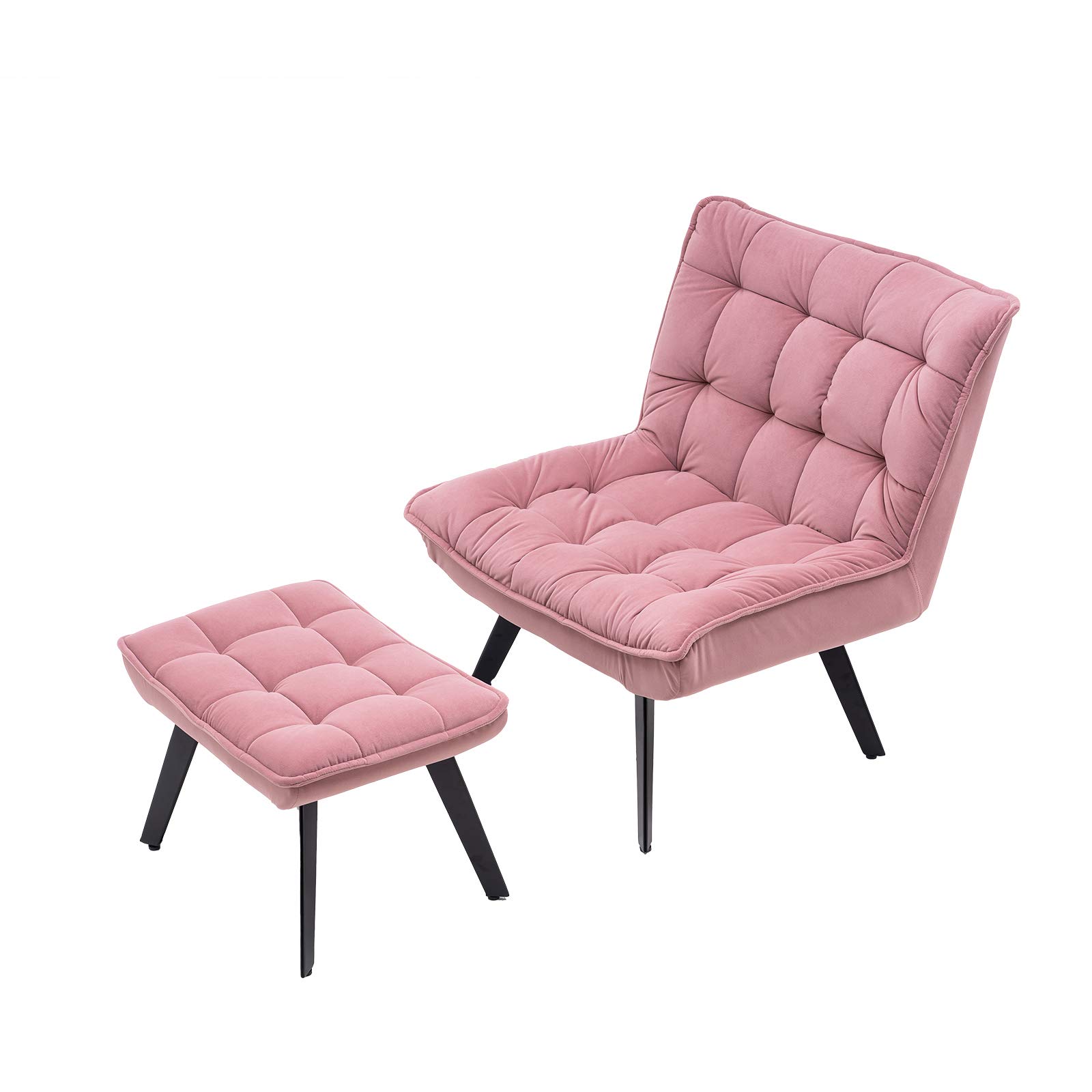 RUNNA Modern Soft Velvet Accent Chair with Ottoman - Pink Living Room Chair, Bedroom Lounge Chair with Black Legs for Home Decor | Perfect for TV Watching, Reading & Relaxing