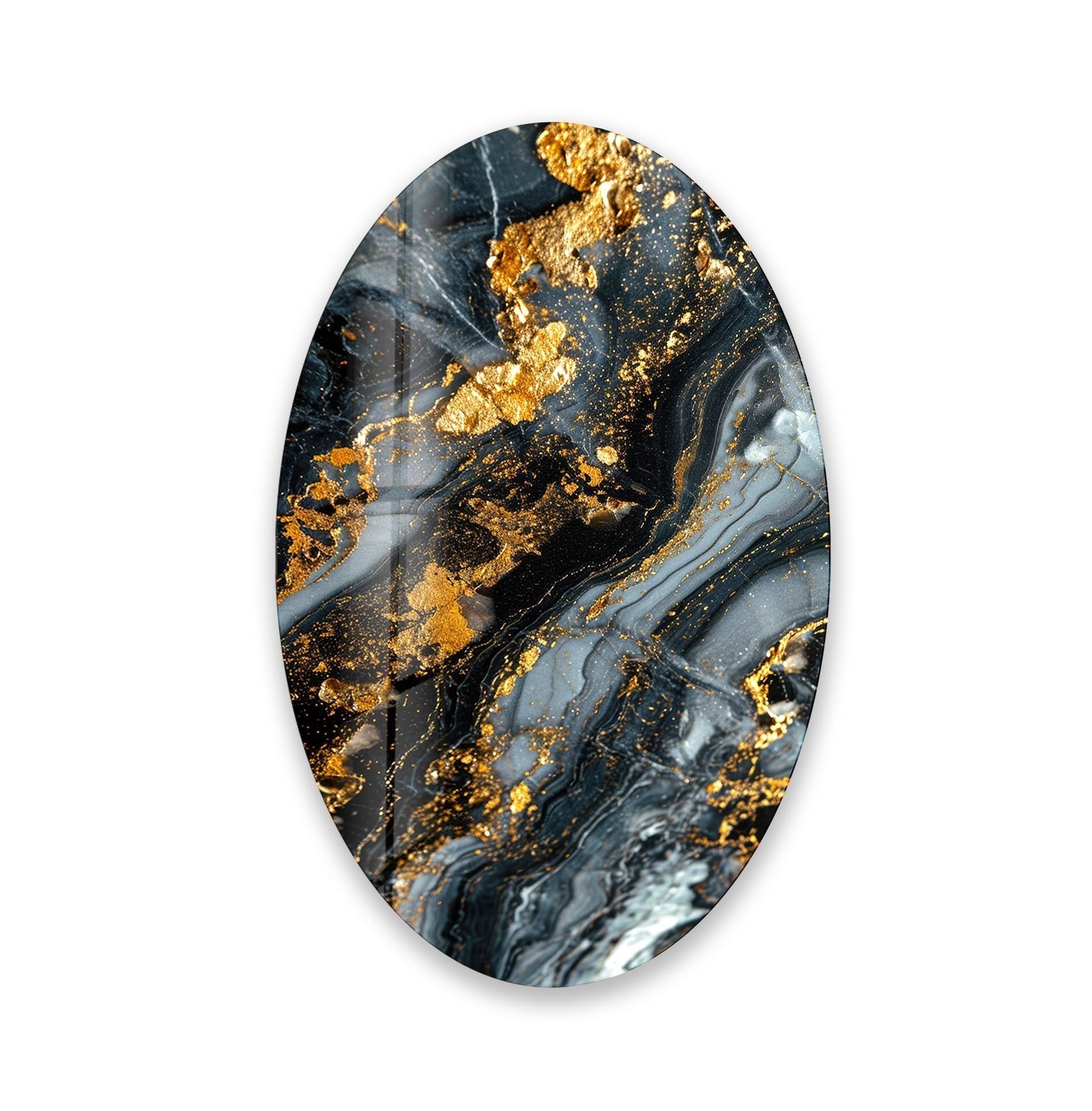 Asymmetric Oval Black Gold Splash Glass Wall Art - Modern Abstract Home Decor for Living Room, Bedroom & Office - Unique Handmade Glass Painting for Wall Decoration