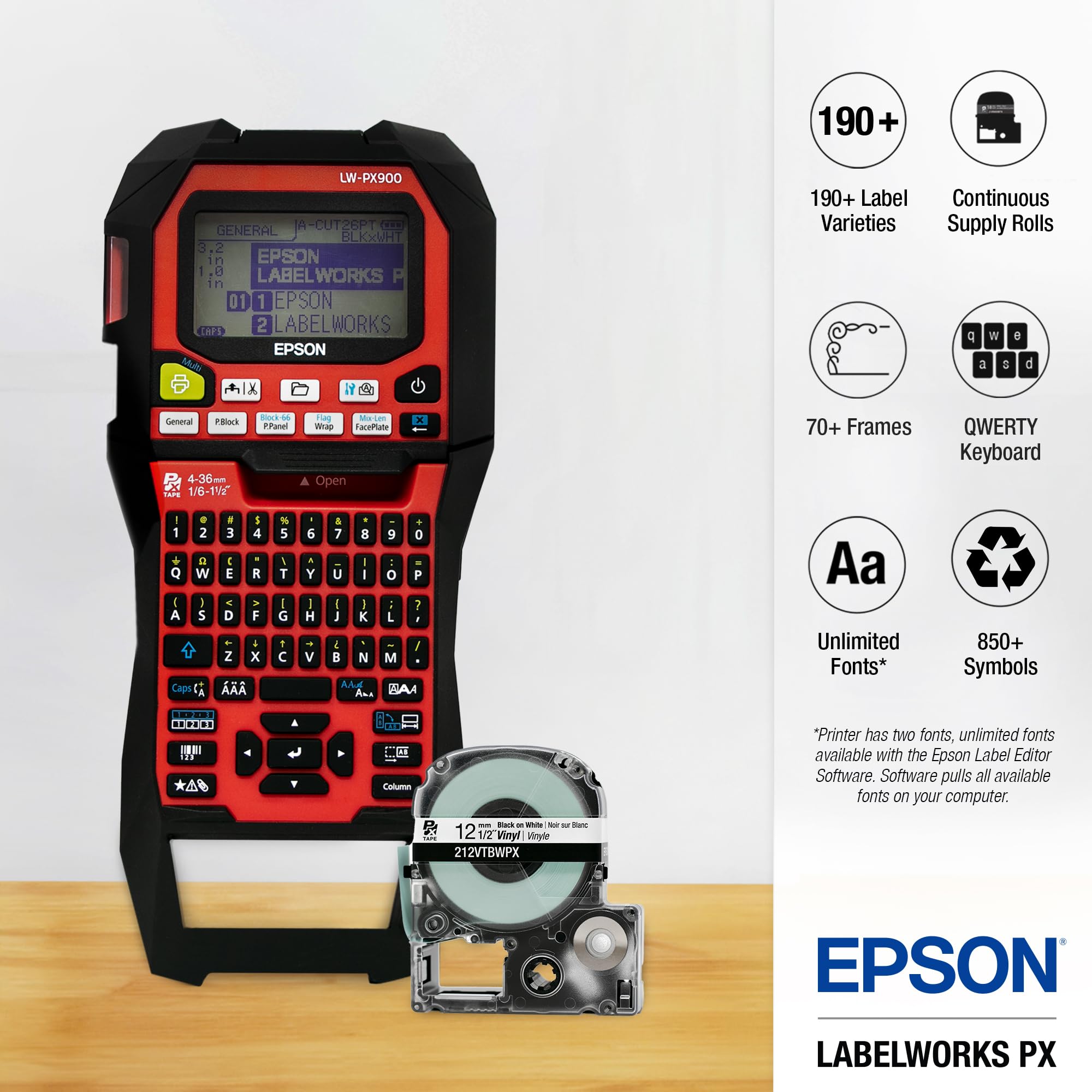 Epson LW-PX900PCD Industrial Label Maker Kit with 236SMPX, 224SMPX & 212SMPX PET Tape Cartridges - Black on Silver Matte Label Tapes for Asset Management, Warehouse & Office Organization