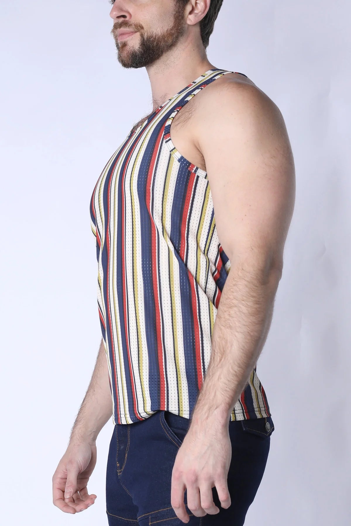Timoteo Balboa Mesh Tank Top for Men - Navy & Tan Striped Breathable Summer Shirt for Casual Wear, Gym, and Beach Outfits