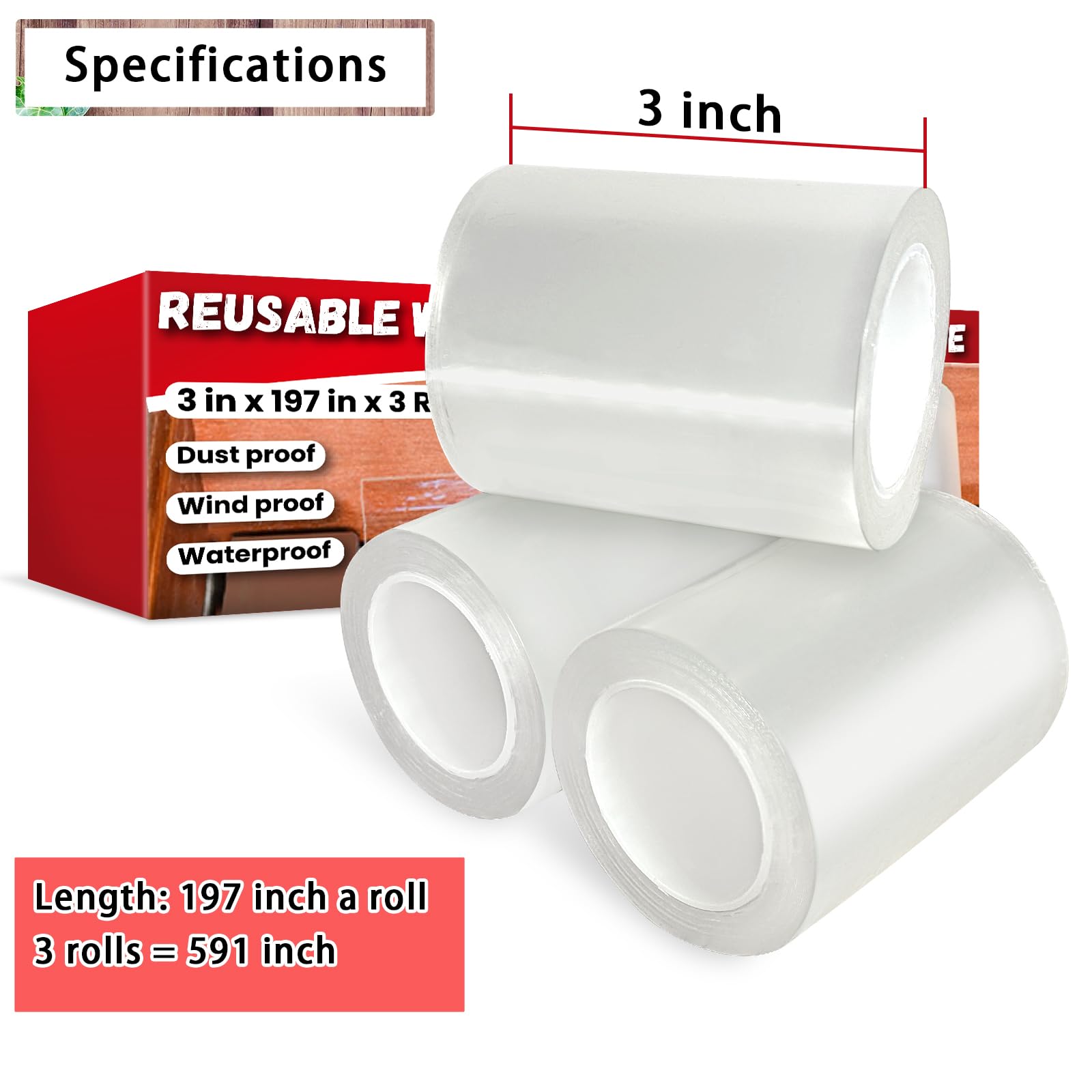 Reusable & Removable 3-Inch Wide Transparent Window Weather Sealing Tape - Waterproof AC Insulation, No Residue, Clear Multipurpose Adhesive - Perfect for Home, Office & RV Window Insulation