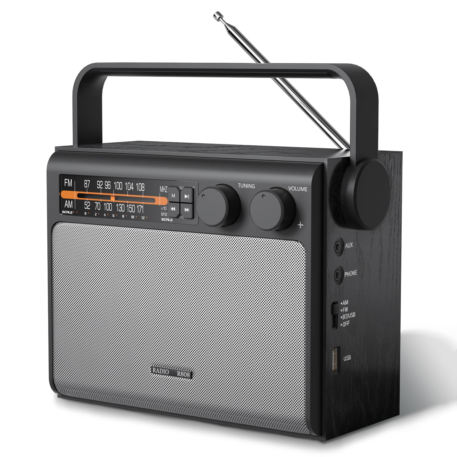 Portable AM FM Radio with Bluetooth - Best Reception, Battery or Wall Powered, Headphone Jack, USB, Aux Input, Big Speaker - Perfect for Home, Outdoor, Camping, Travel & Gifts