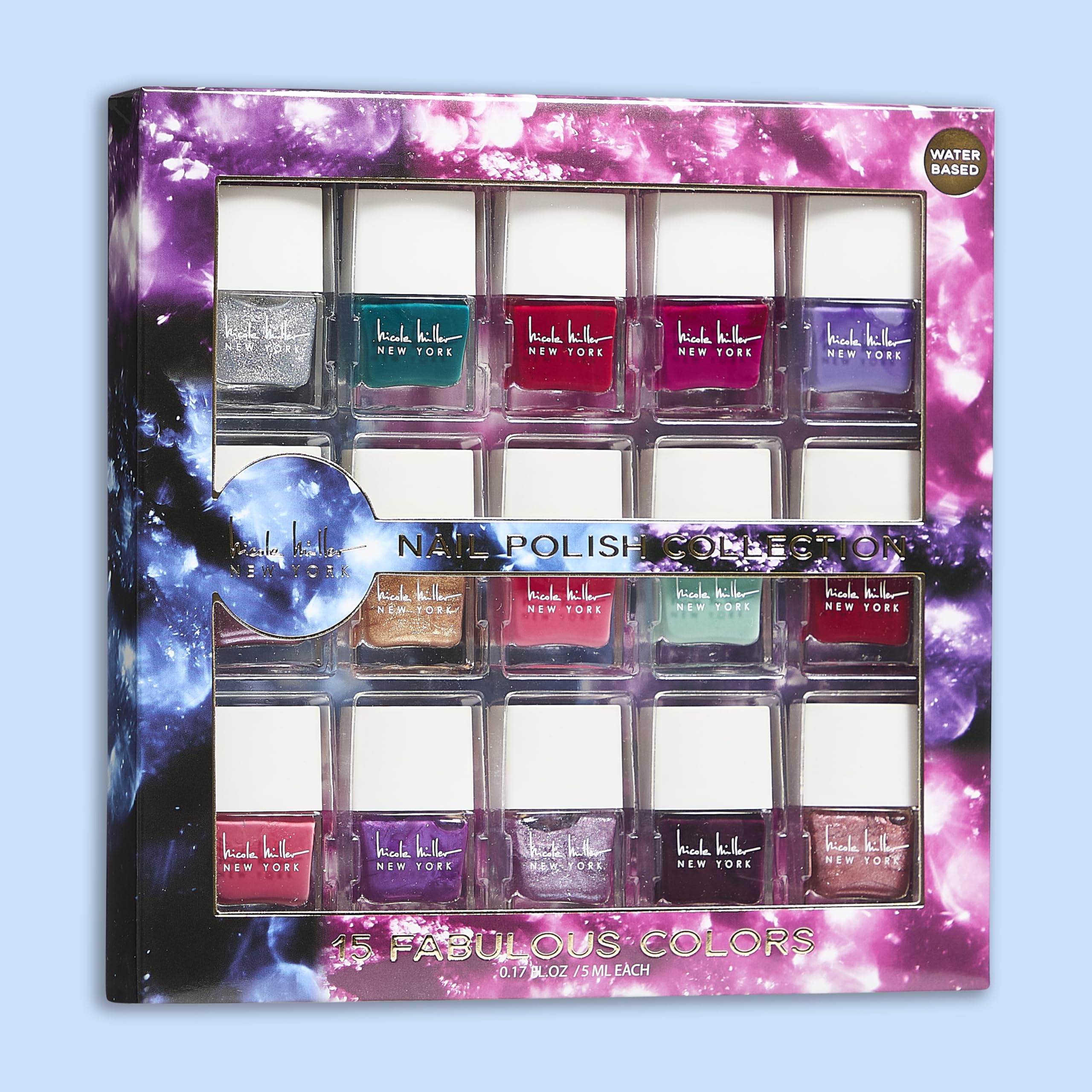 Nicole Miller New York Water-Based Easy Peel Off Long-Lasting Nail Polish Set - 15 Mini Vibrant Trendy Glossy Colors for Manicure & Pedicure at Home or Salon