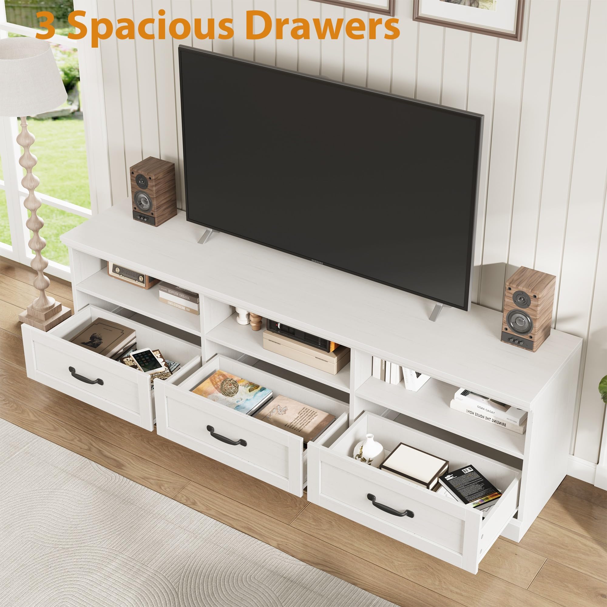 Mid-Century Modern TV Stand for 75 Inch TV - Wood Entertainment Center with Storage Drawer & Open Shelves - 70