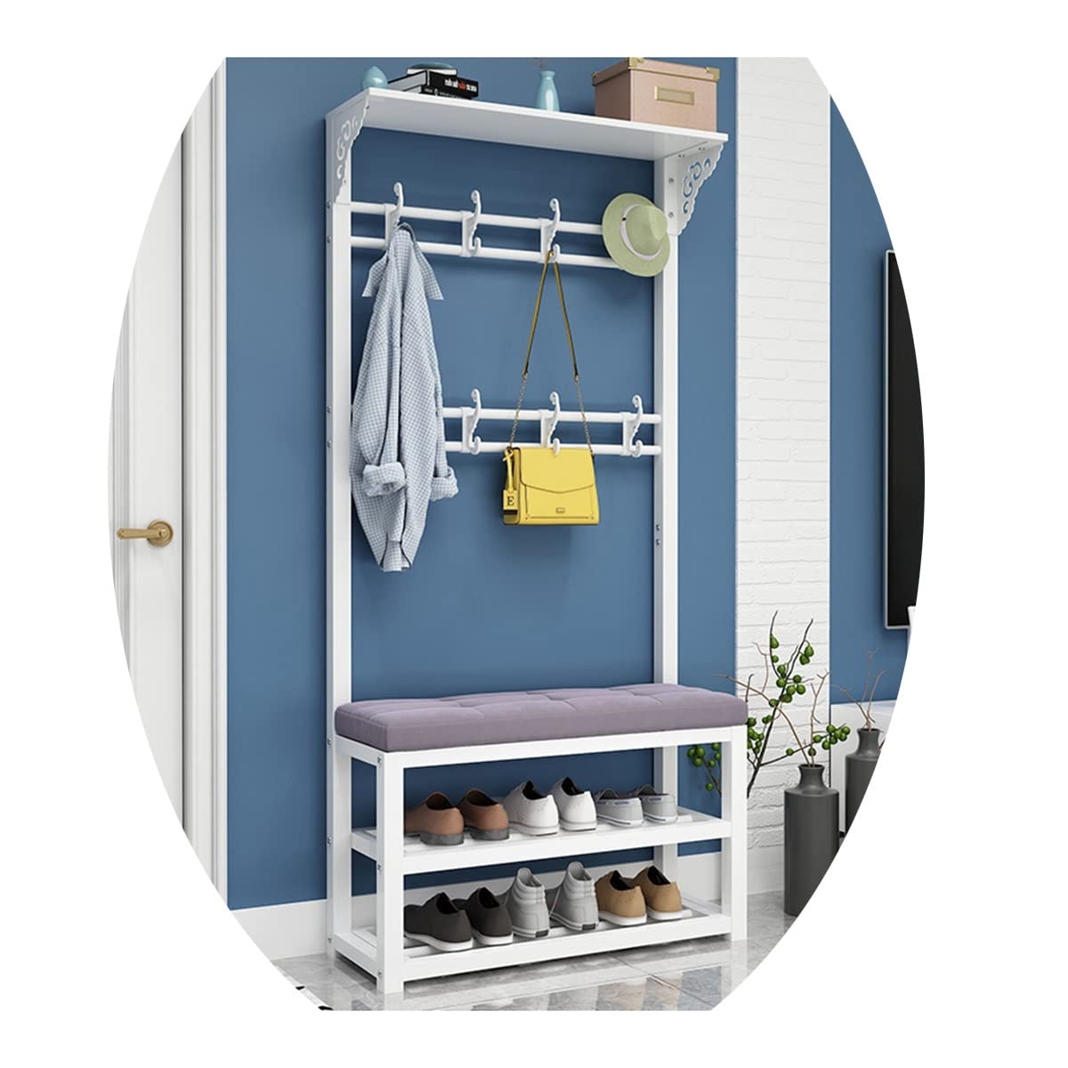 GXFWJD 4-in-1 Entryway Organizer - Hall Tree Coat Rack with Shoe Bench, 2-Tier Storage Shelf & Metal Hooks | Industrial Style Entryway Furniture (80x30x172cm, White Grey) - Perfect for Small Spaces, Apartments & Mudroom Organization