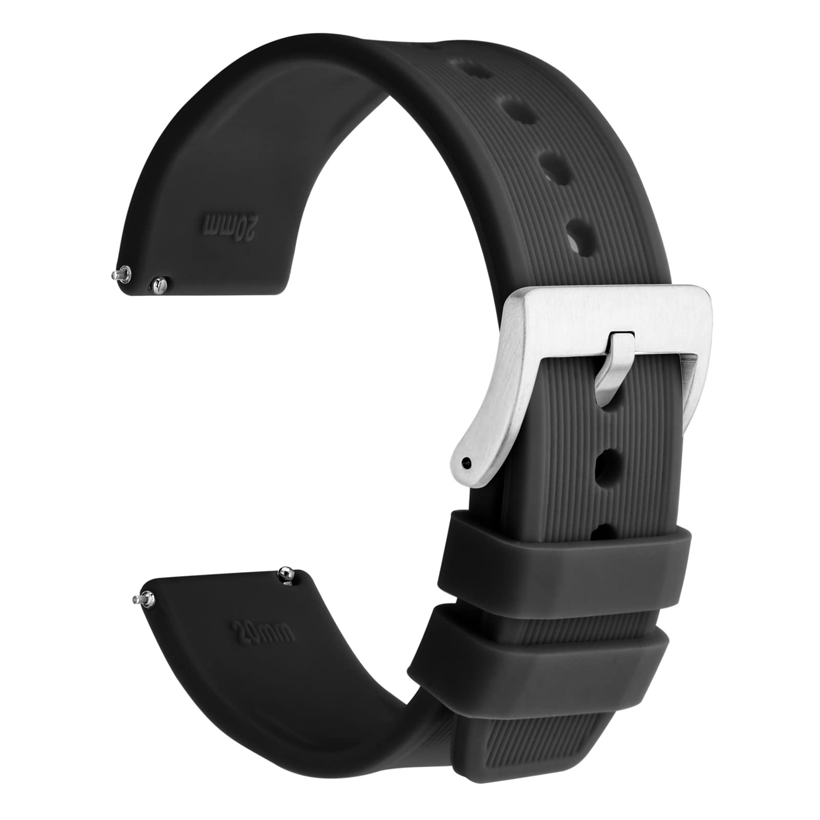 WOCCI 18mm Striped Silicone Watch Band Replacement Strap with Brushed Silver Buckle - Black - Durable & Comfortable Wristband for Apple Watch, Samsung Galaxy Watch, Fitbit - Perfect for Workouts, Running & Everyday Wear