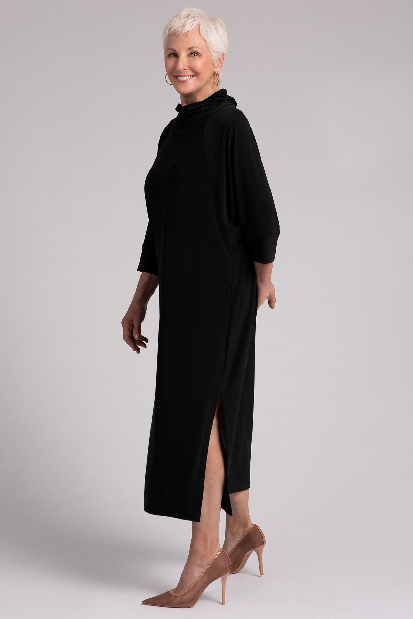Cozy Raglan Funnel Neck Dress for Women - Soft Long Sleeve Black Dress | Perfect for Work, Date Night & Fall Outfits