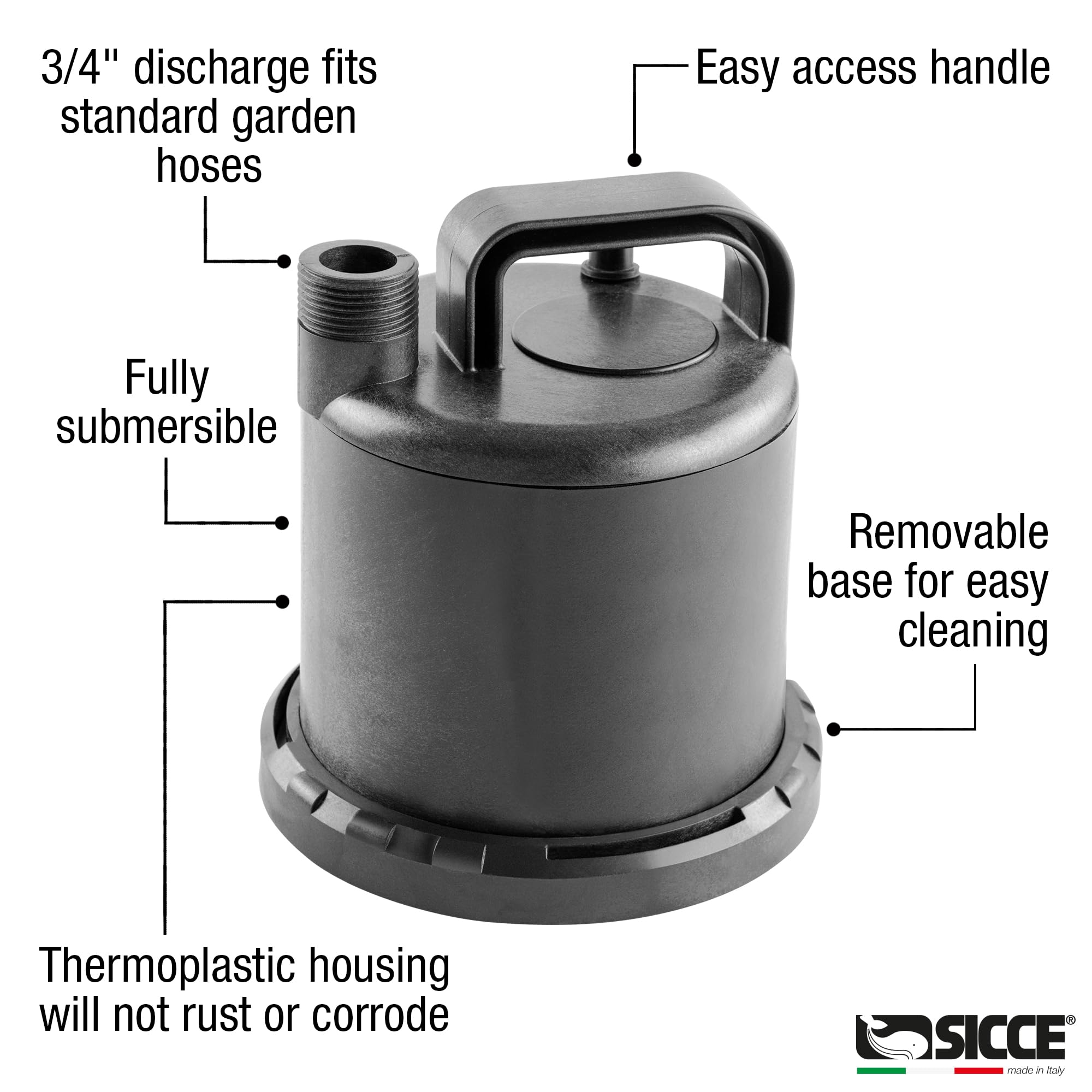 SICCE Ultra Zero 793 GPH Multi-Purpose Water Pump - Quiet Durable Aquarium, Fish Tank, Fountain, Pond, Hydroponics, Terrarium Pump - Garden Hose Connection with Portable Handle - Freshwater & Saltwater Safe - Ideal for Indoor/Outdoor Water Features, Hydroponic Systems, and Aquatic Habitats