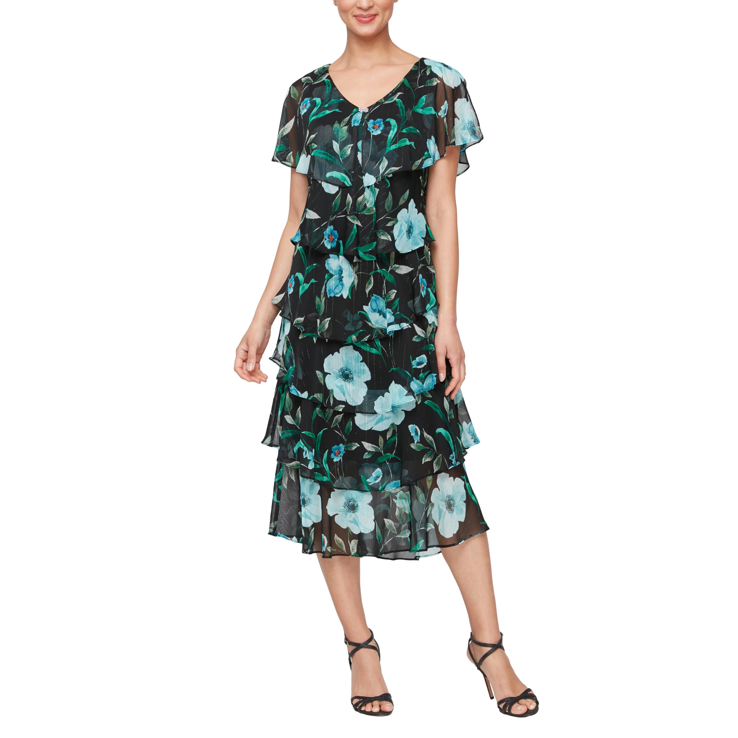 S.L. Fashions Women's Beaded Tiered Midi Dress for Wedding Guest, Mother of The Bride - Petite & Regular Sizes | Elegant Formal Occasion, Cocktail Party, Special Events