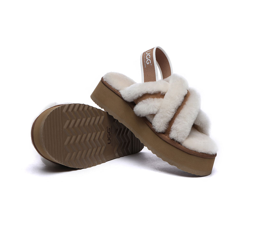 Australian Shepherd® UGG Women's Crossover Platform Fluffy Slides - Aditi | Cozy House Slippers for Women, Warm Winter Indoor/Outdoor Fuzzy Slides with Non-Slip Sole