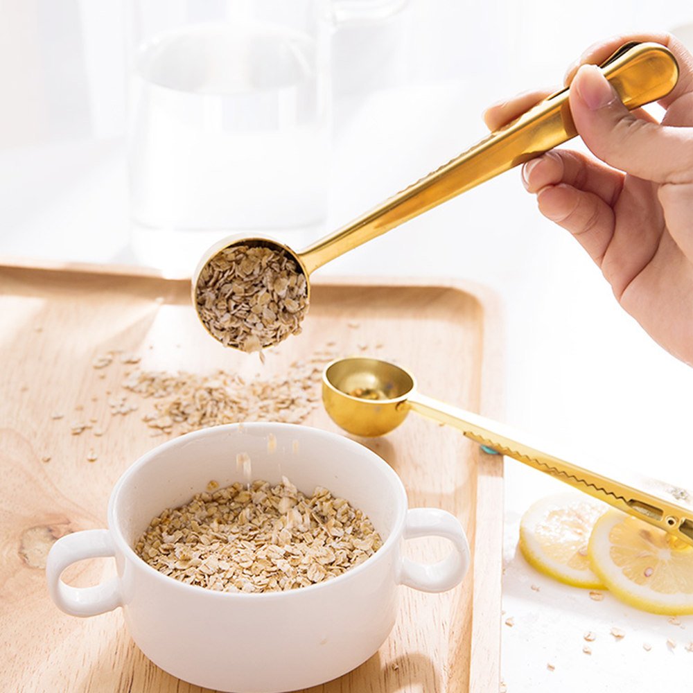 Premium Stainless Steel Coffee Scoop Set of 3 - Golden Measuring Spoon with Bag Clip - Perfect for Coffee, Tea, Protein Powder & Instant Drinks - Ideal for Kitchen, Camping & Coffee Shops