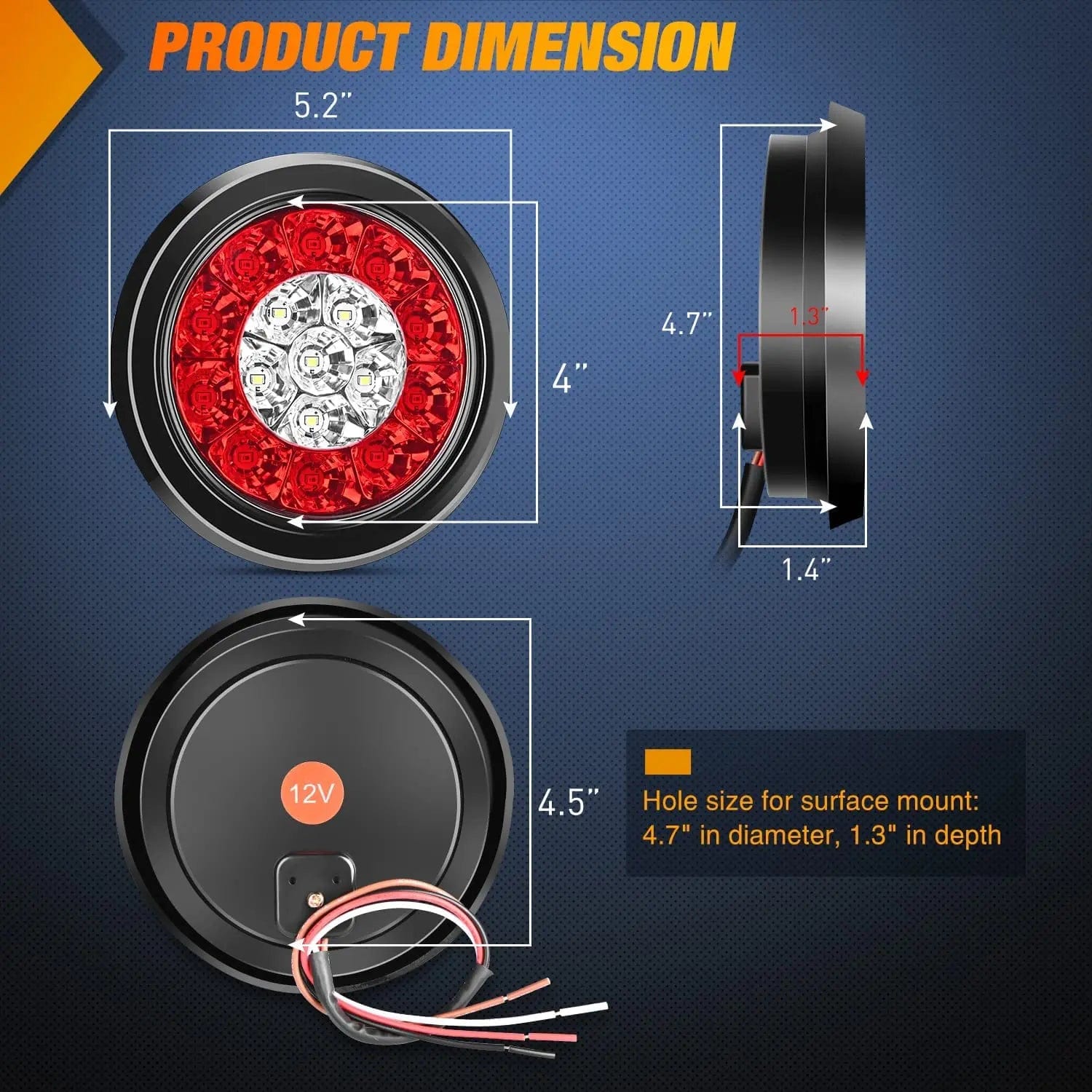 4 Inch White & Red Round LED Tail Lights - 16 LEDs Flush Mount Grommet Lights for Boats, Trucks, ATVs, UTVs (Pair) - Waterproof & Durable for Marine & Off-Road Vehicles