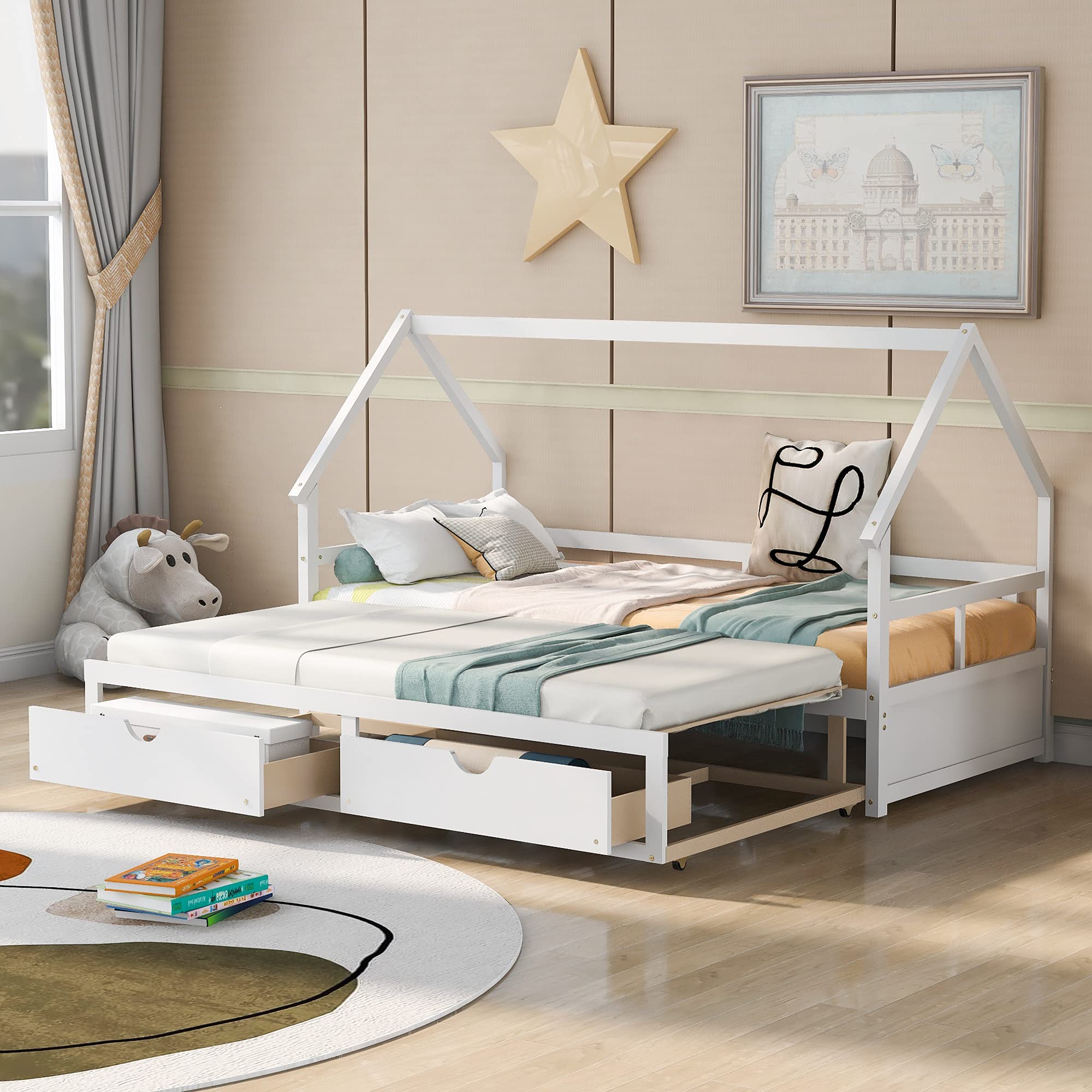 **White Wooden Daybed with Trundle & 2 Storage Drawers - Convertible Sofa Bed for Bedroom, Living Room, Guest Room - Sturdy Extendable Dual-Use Daybed for Small Spaces & Sleepovers**