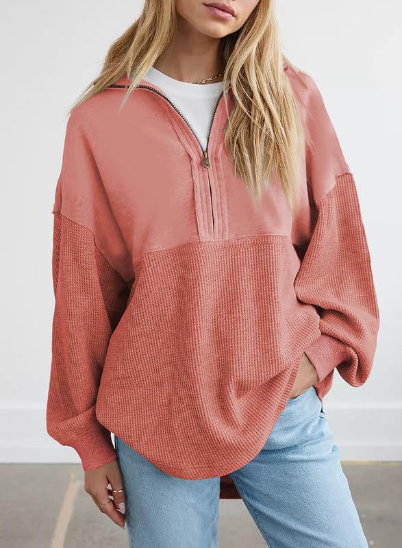 SHEWIN Women's Casual Waffle Knit Half Zip Pullover Sweatshirt - Loose Fit Long Sleeve Tops for Fall & Winter Outfits 2024 | Cozy Layering for Work, Travel & Weekend Wear