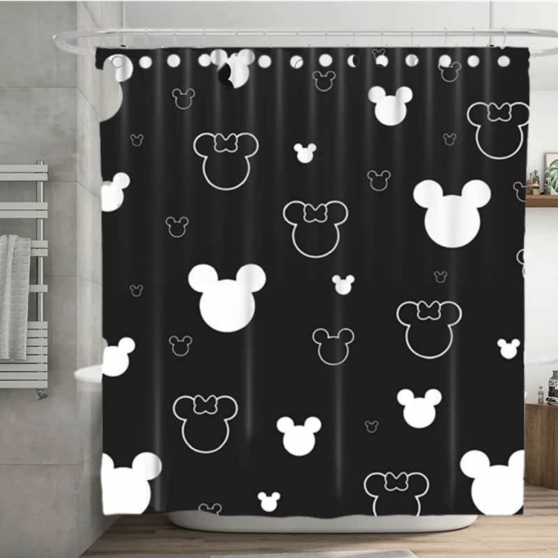 Cute Cartoon Mouse Head Waterproof Shower Curtain 72x72 Inch - Kids Bathroom Decor with 12 Hooks - Black Fabric Bathtub Curtain Set for Children's Bathroom, Perfect for Showers, Bathtubs & Nursery Decor