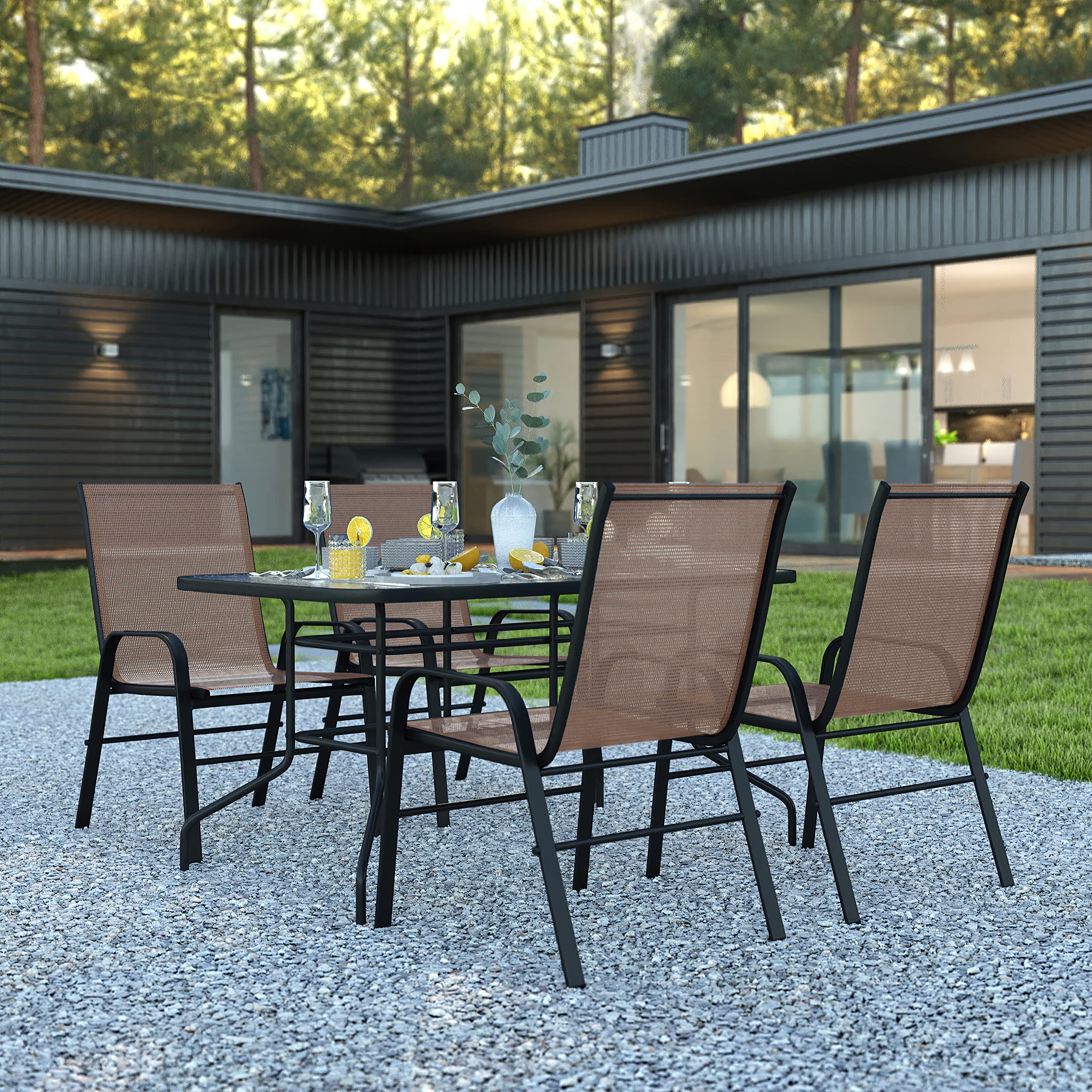 5-Piece Outdoor Patio Dining Set with 4 Brown Flex Comfort Stackable Chairs & 55