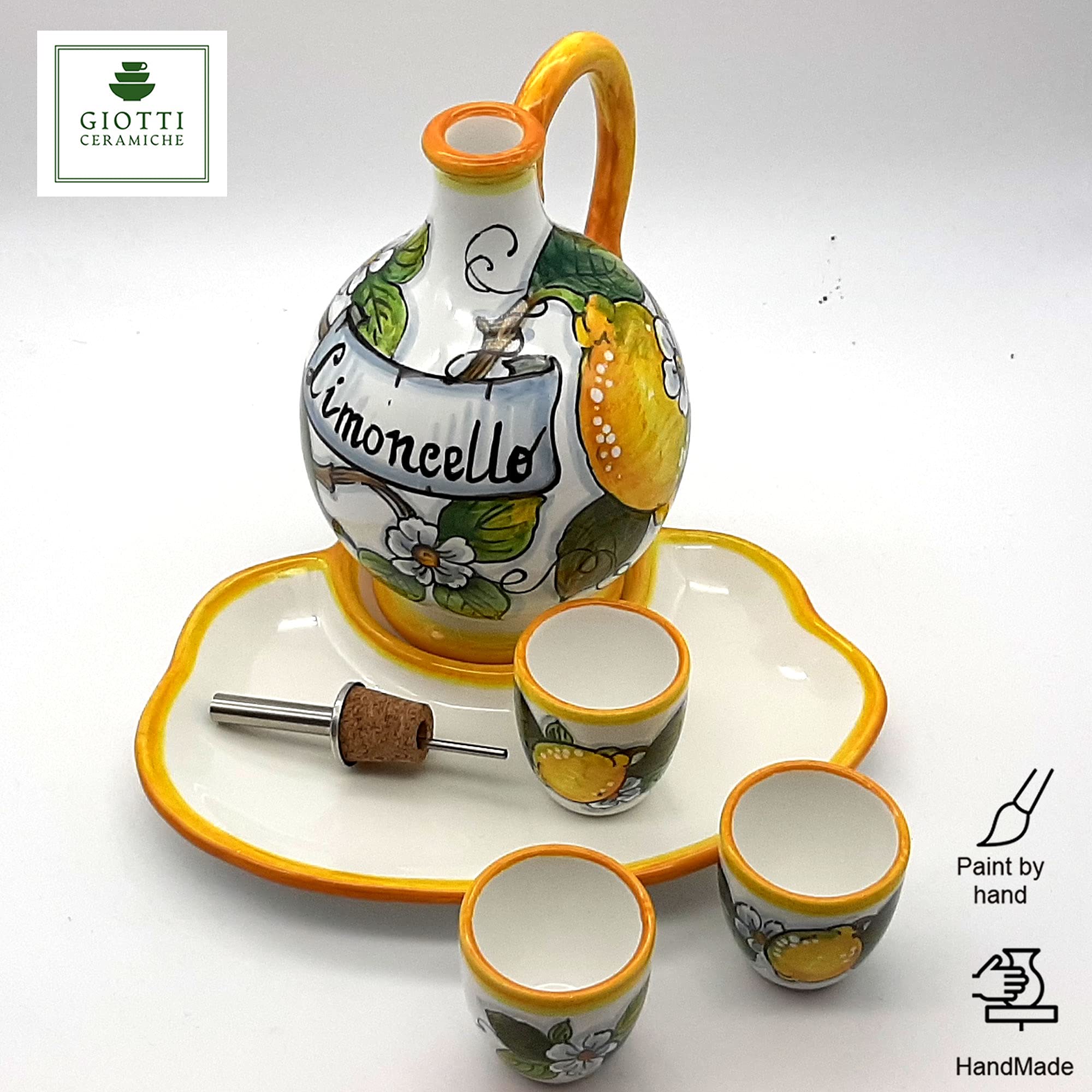 Italian Hand-Painted Limoncello Ceramic Set - 6 Shot Glasses & Tray with Lemon Design - Tuscan Kitchen Barware for Entertaining - Authentic Italy-Made Home Decor for Cocktail Parties & Gifts