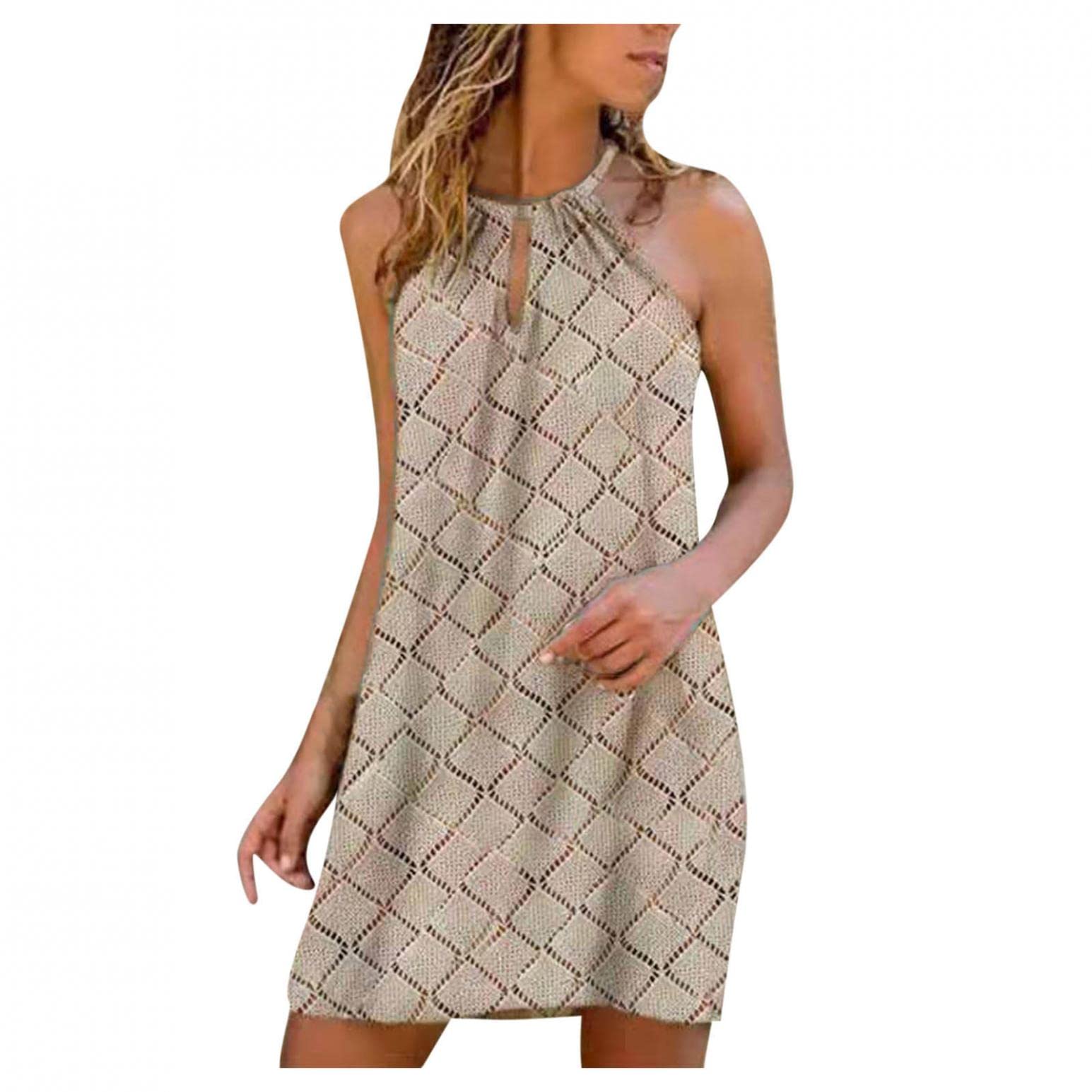 VISLINDU Women's Summer Beach Dress - Sleeveless Flowy Swing Dress with Printed Graphic Splicing, Comfortable Sundress for Vacation, Poolside & Tropical Getaways