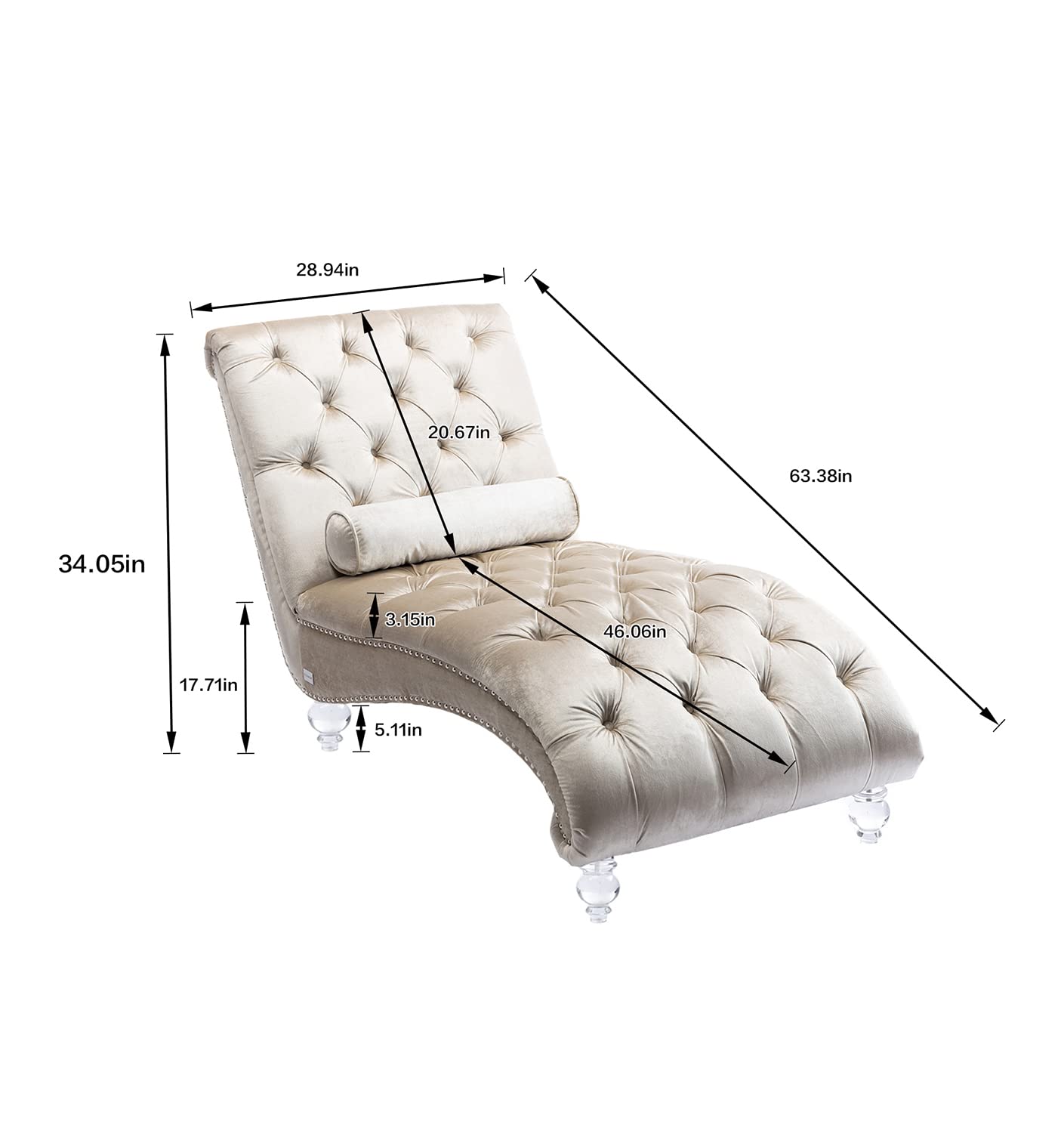 KINFFICT Velvet Chaise Lounge Chair with Toss Pillow - Modern Tufted Button Accent Chair with Sturdy Acrylic Legs - Upholstered Sleeper Chair for Living Room, Bedroom, Office or Nursery - Soft Beige Velvet Fabric - Perfect for Relaxing, Reading & Small Space Decor