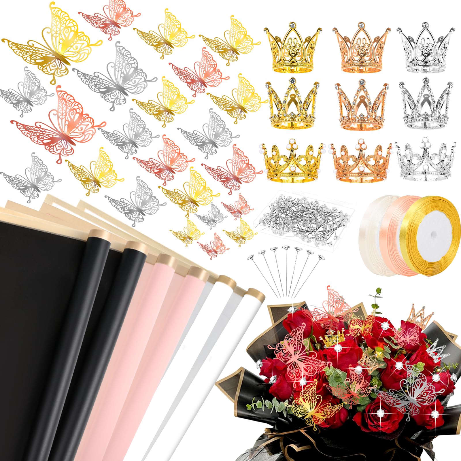 241 Pcs Waterproof Flower Bouquet Wrapping Paper Set with 3D Butterflies & Crown Ribbons - DIY Floral Arrangement Supplies for Weddings, Birthdays, Florist Crafts | Perfect for Gift Wrapping, Party Decorations & Handmade Bouquets