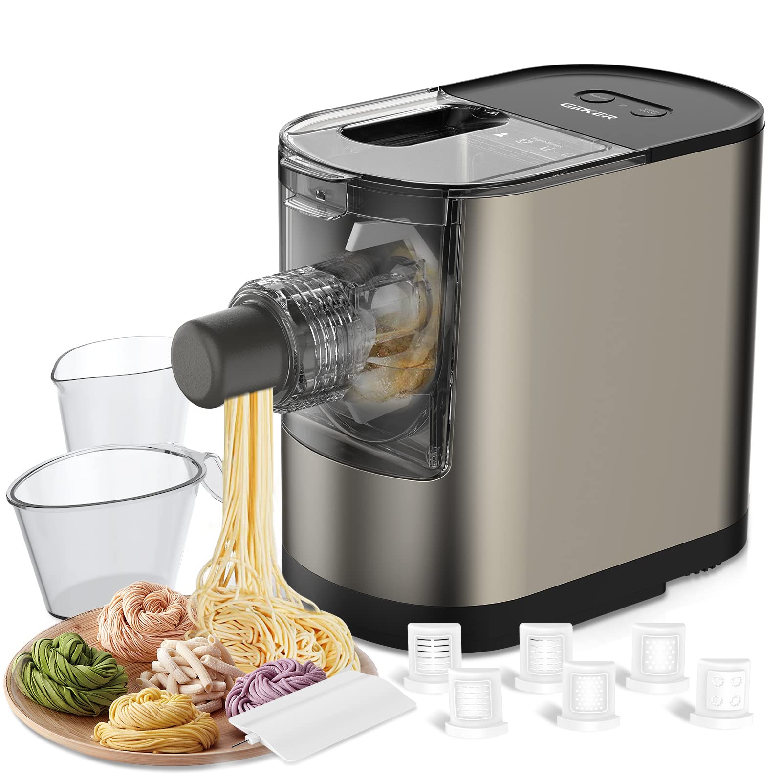 GEKER Electric Pasta Maker Machine - Automatic Pasta & Noodle Maker with 6 Shape Options (Spaghetti, Fettuccine, Macaroni) - Dishwasher Safe Parts - Perfect for Home Kitchen, Italian Cooking & Fresh Pasta Making