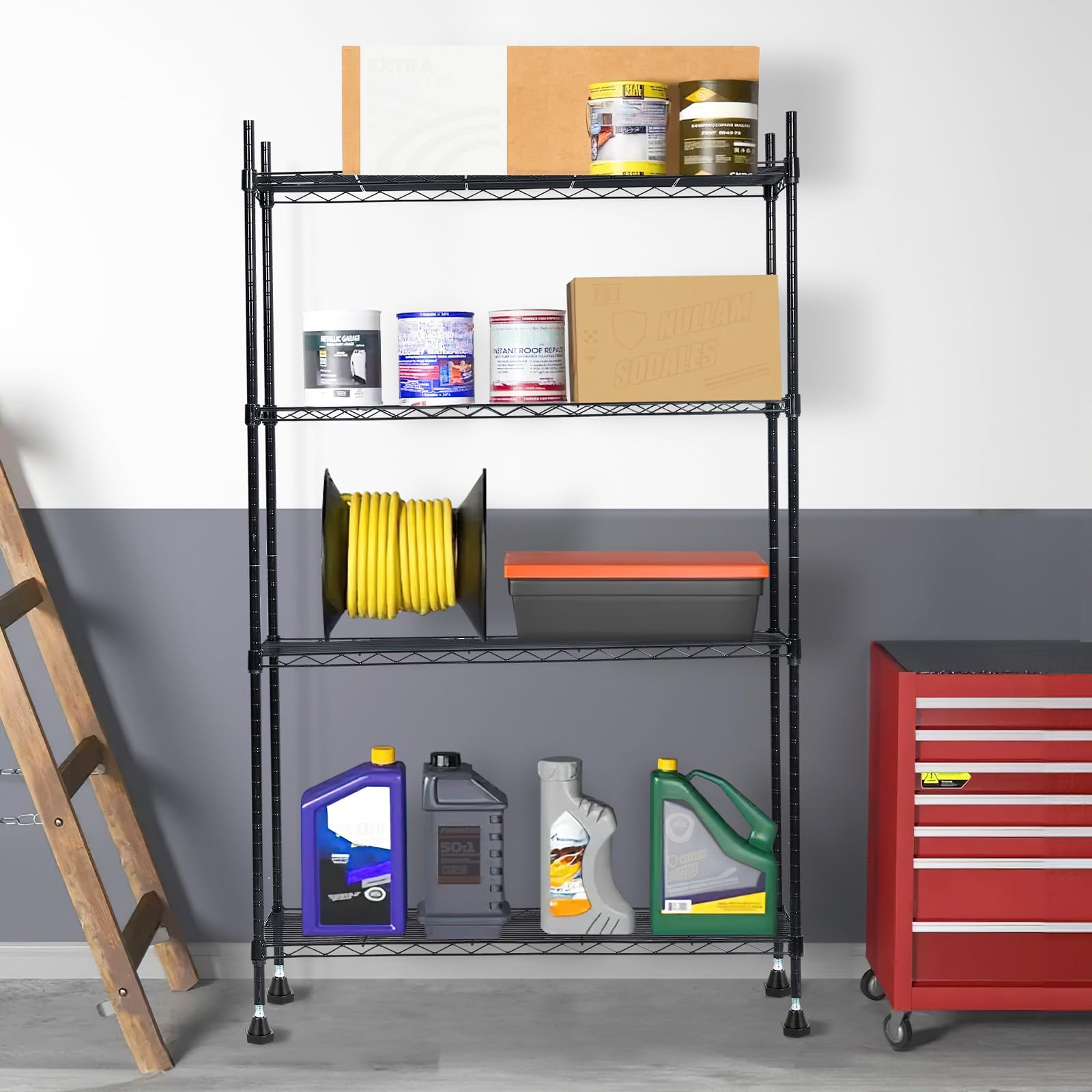 GARVEE 4-Tier Adjustable Heavy Duty Metal Storage Shelving - Cold Rolled Round Tube Steel, Durable Space-Saving Shelves for Garage, Kitchen, Office & Warehouse Organization