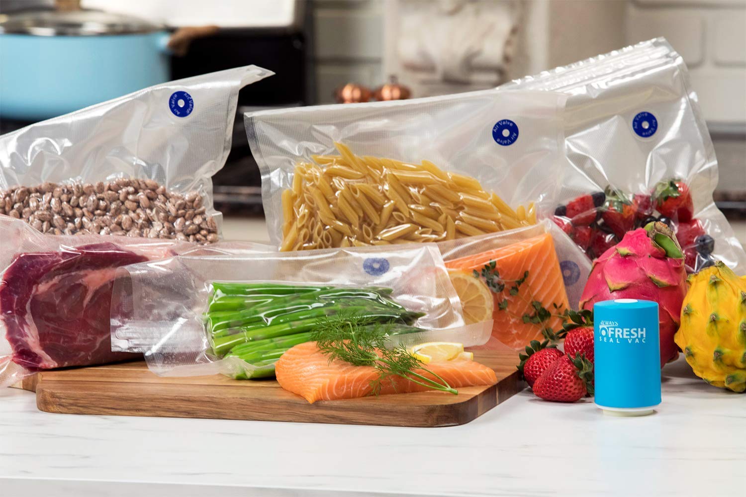 AFFS-TV Vacuum Food Sealer Machine with 6 Reusable Bags (2 x 2 x 3.5 Inches) - Blue | Compact & Portable for Sous Vide, Meal Prep, Camping & Food Storage | Extend Freshness & Reduce Waste
