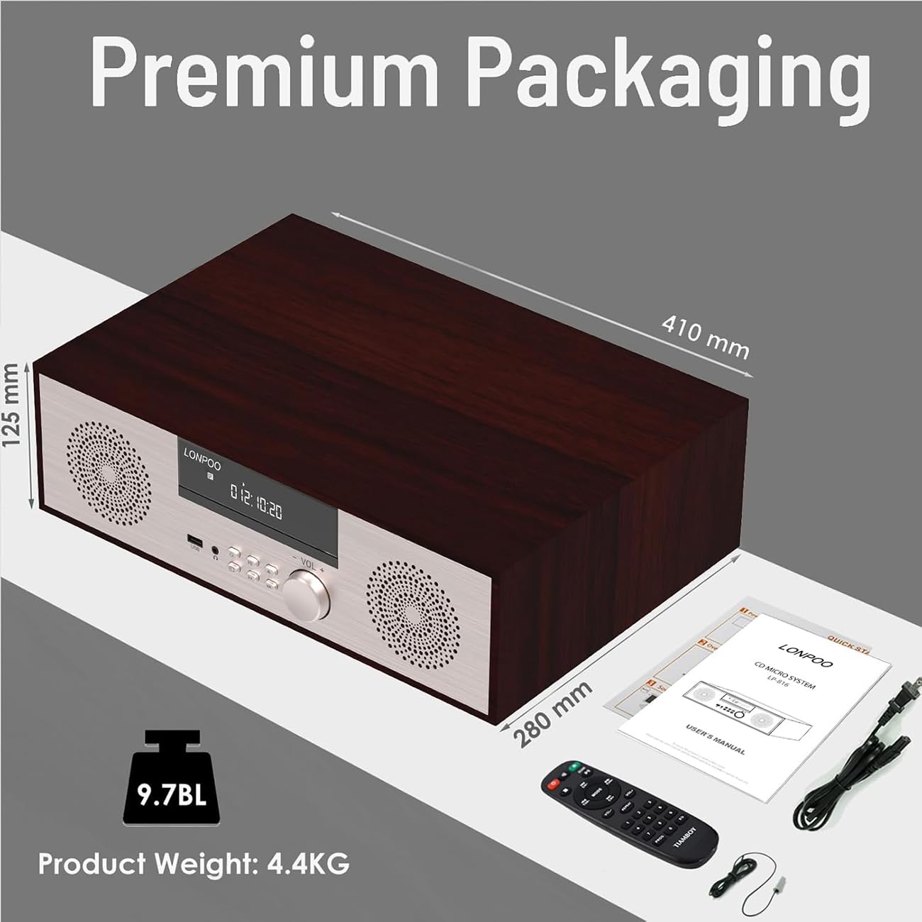 LONPOO 40W Home Stereo System with CD Player, Bluetooth Speakers, USB Playback, FM Radio, Aux & Earphone Port - Perfect for Living Room Music & Home Theater Audio (816-GOLD)