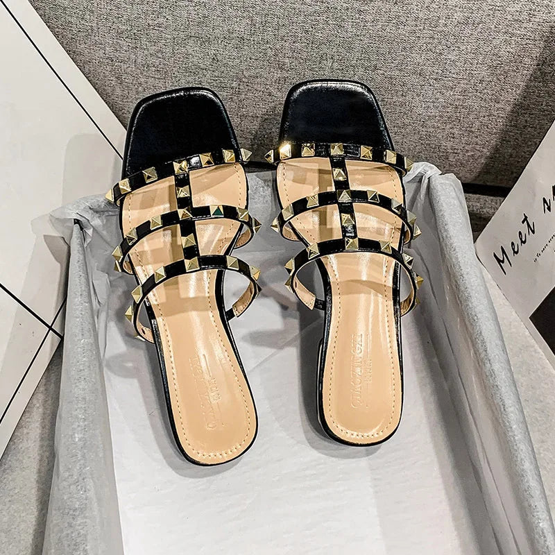 2023 Summer Women's Low Heel Rivet Sandals - Fashion Thin Ribbon Korean Design Girls Shoes, Large Size Comfortable Slip-On Slippers - Perfect for Beach, Vacation & Casual Outings